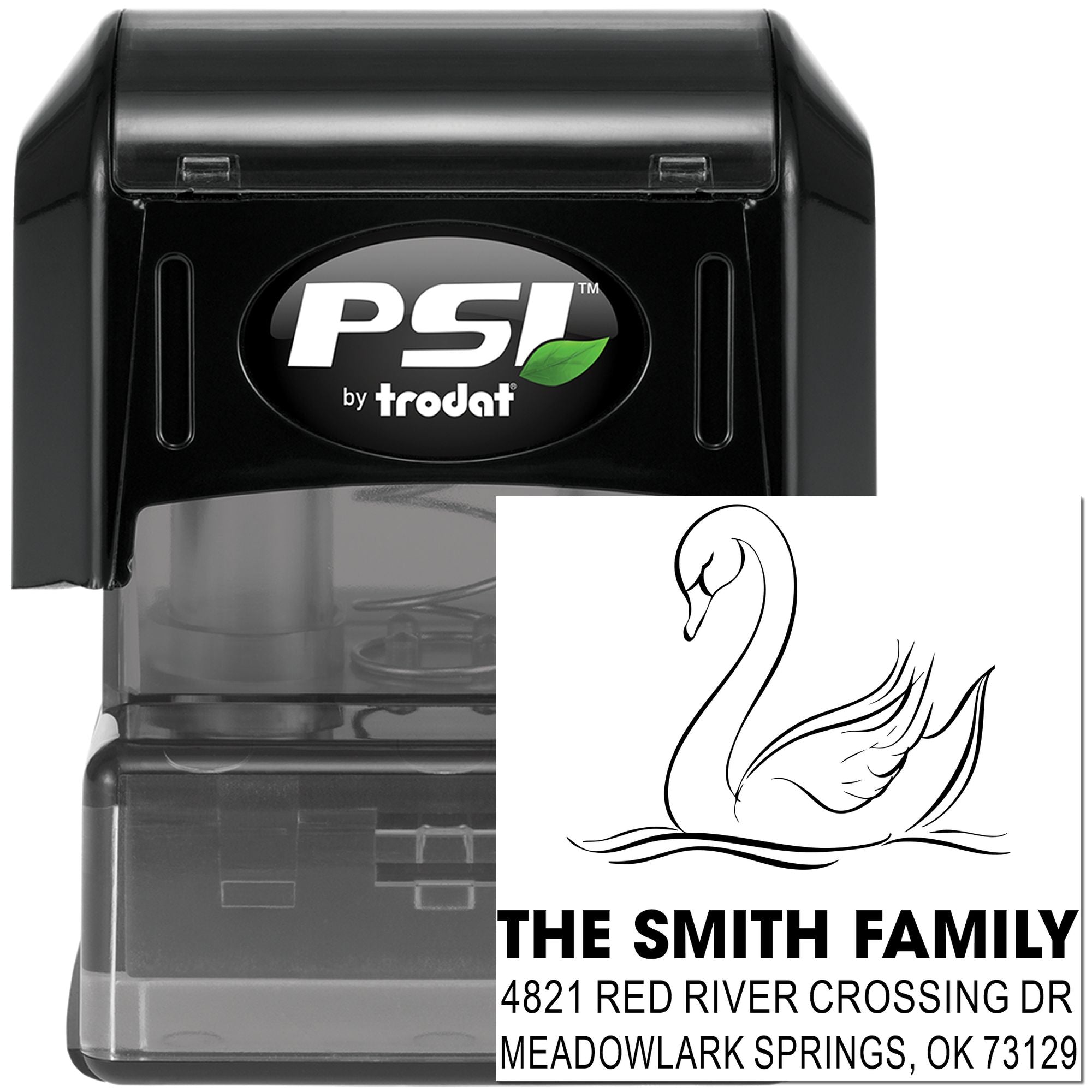 Custom PSI by Trodat self-inking rubber address stamp with swan design, personalized family name and mailing address for envelopes and invitations