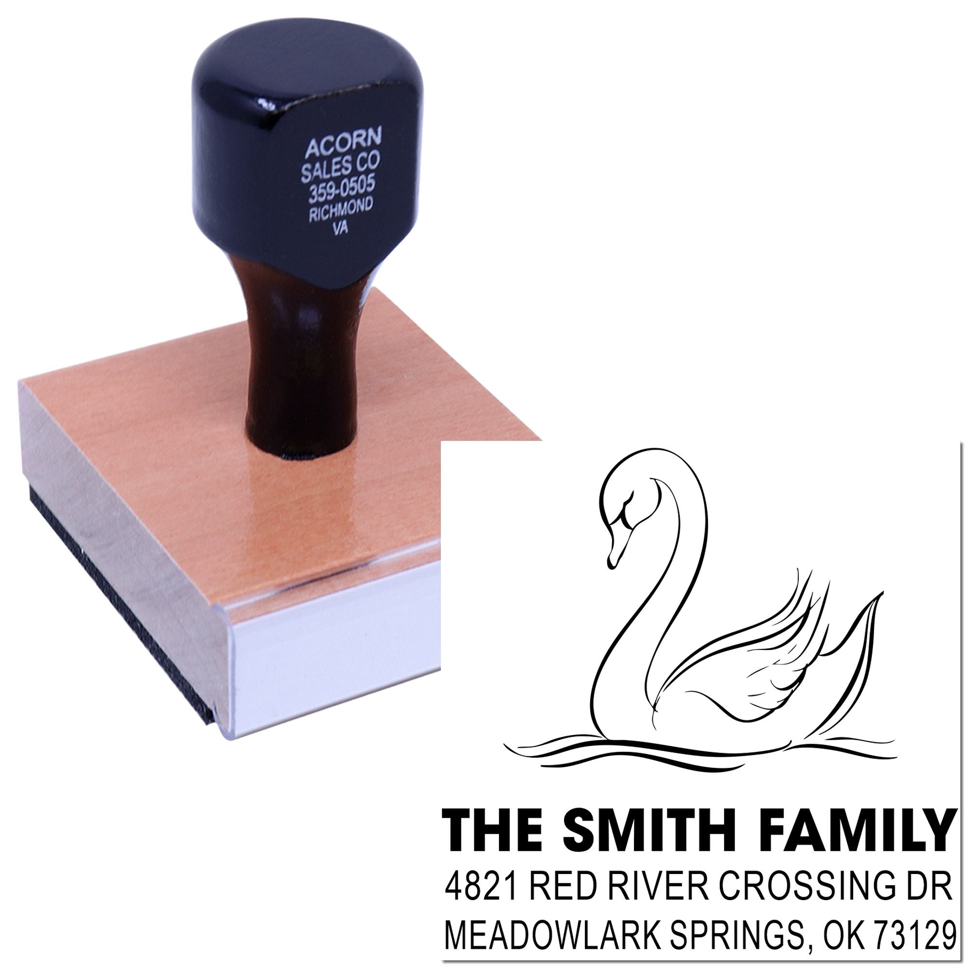 Custom rubber address stamp with swan design for The Smith Family, featuring personalized return address and elegant monogram-style artwork