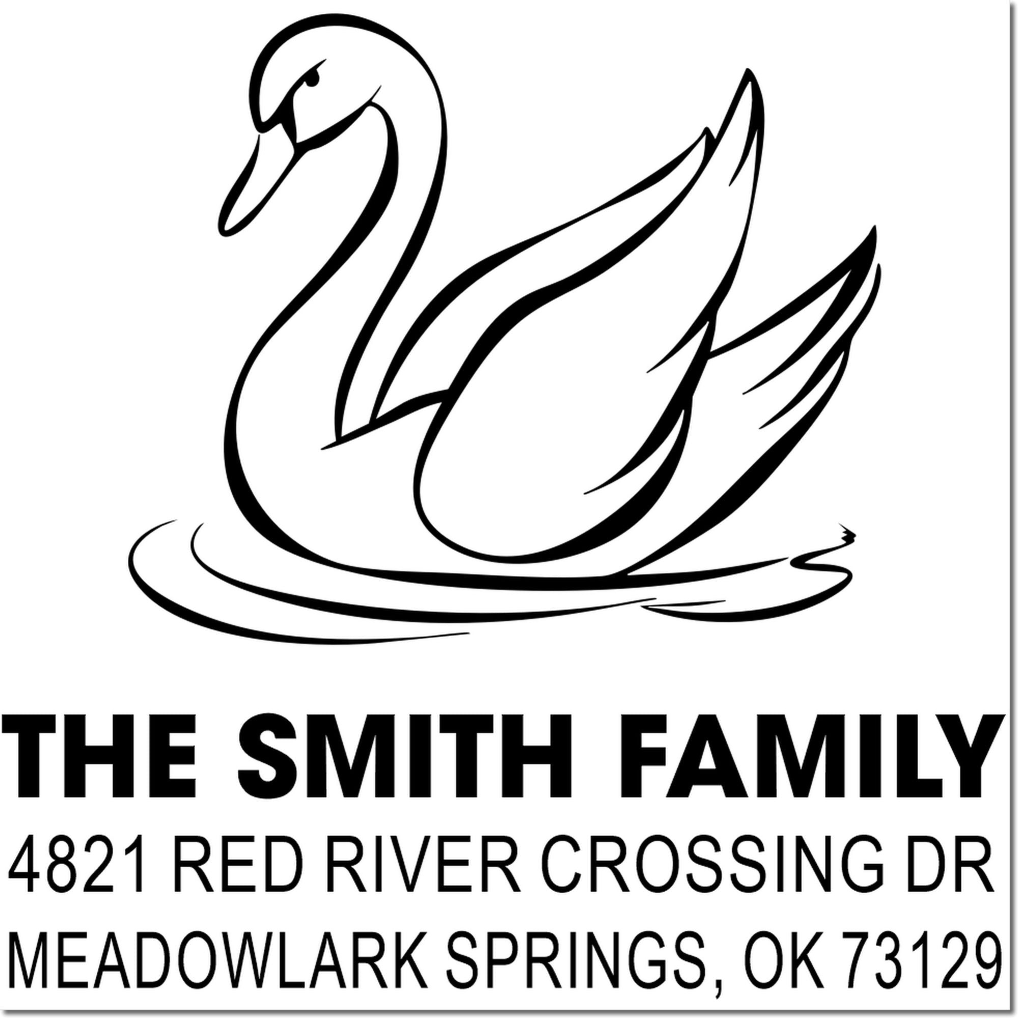 Personalized rubber address stamp featuring swan logo, The Smith Family, 4821 Red River Crossing Dr, Meadowlark Springs, OK 73129 for mailing