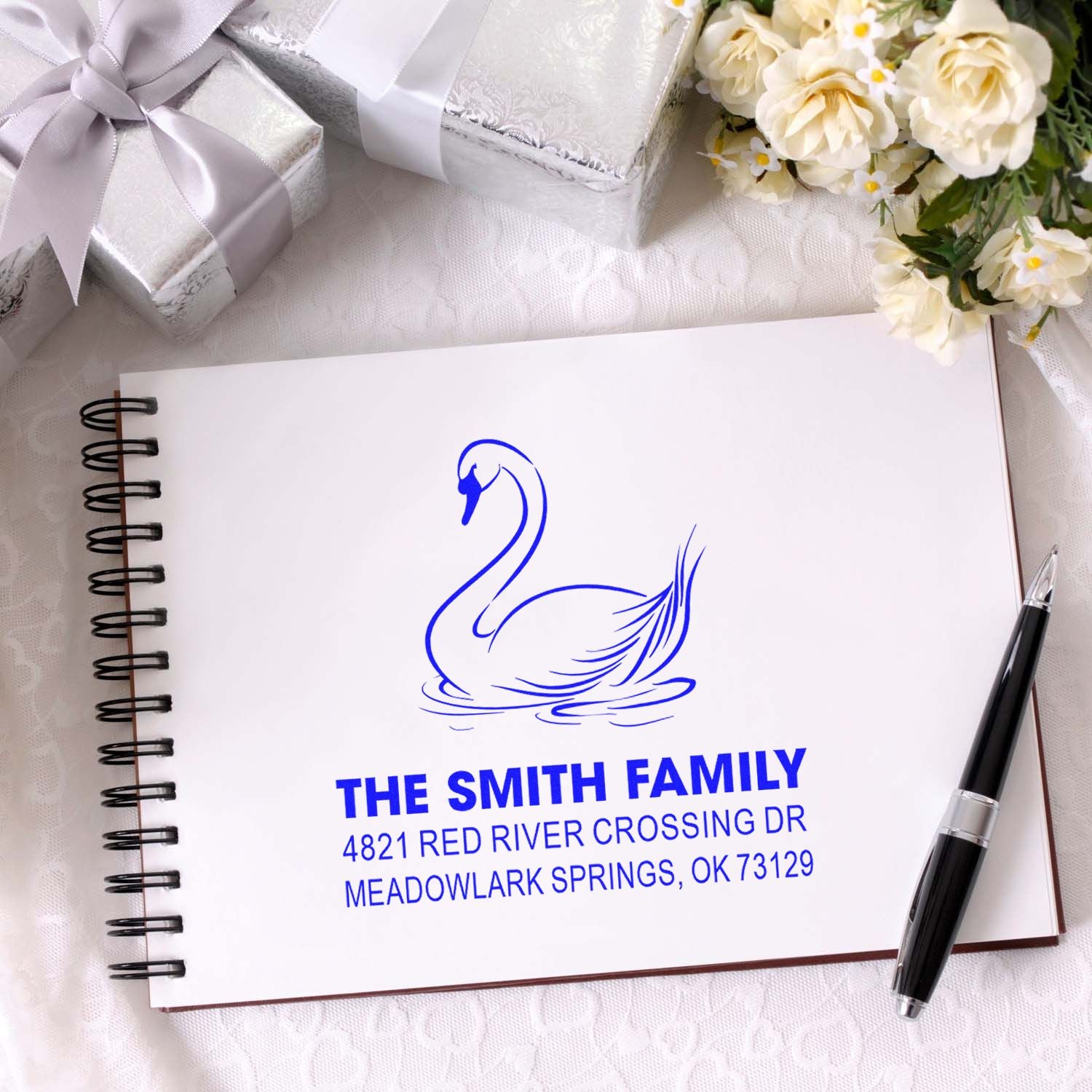 Personalized rubber stamp with swan design for The Smith Family address, perfect for custom wedding invitations, stationery, and gift packaging.