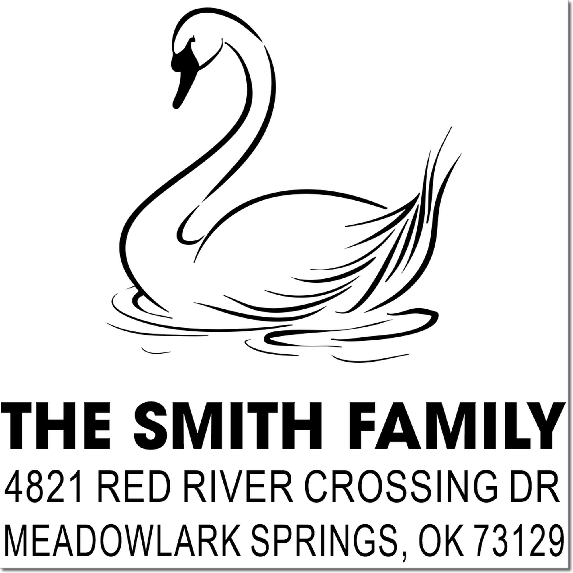 Custom rubber address stamp with swan design, The Smith Family name, personalized return address for 4821 Red River Crossing Dr, OK 73129
