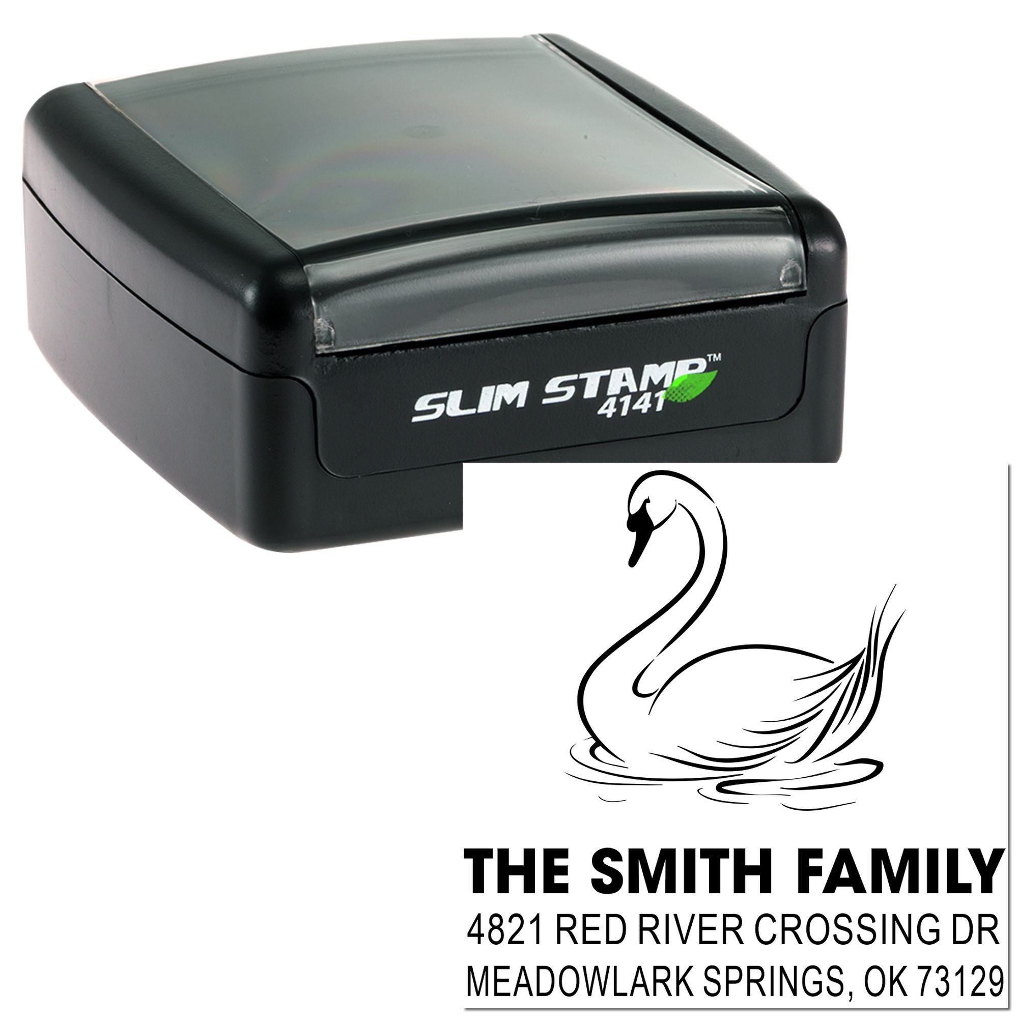 Custom Slim Stamp 4141 rubber stamp with swan design and family return address, ideal for personalized mailing and wedding stationery.