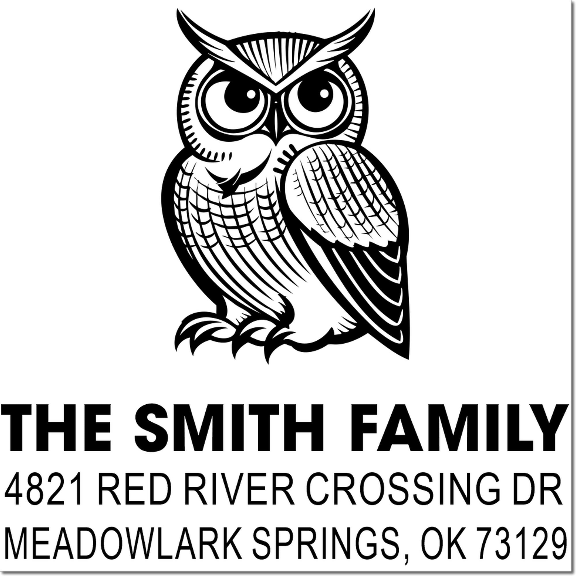 Custom rubber stamp featuring owl logo and return address for The Smith Family, 4821 Red River Crossing Dr, Meadowlark Springs, OK 73129
