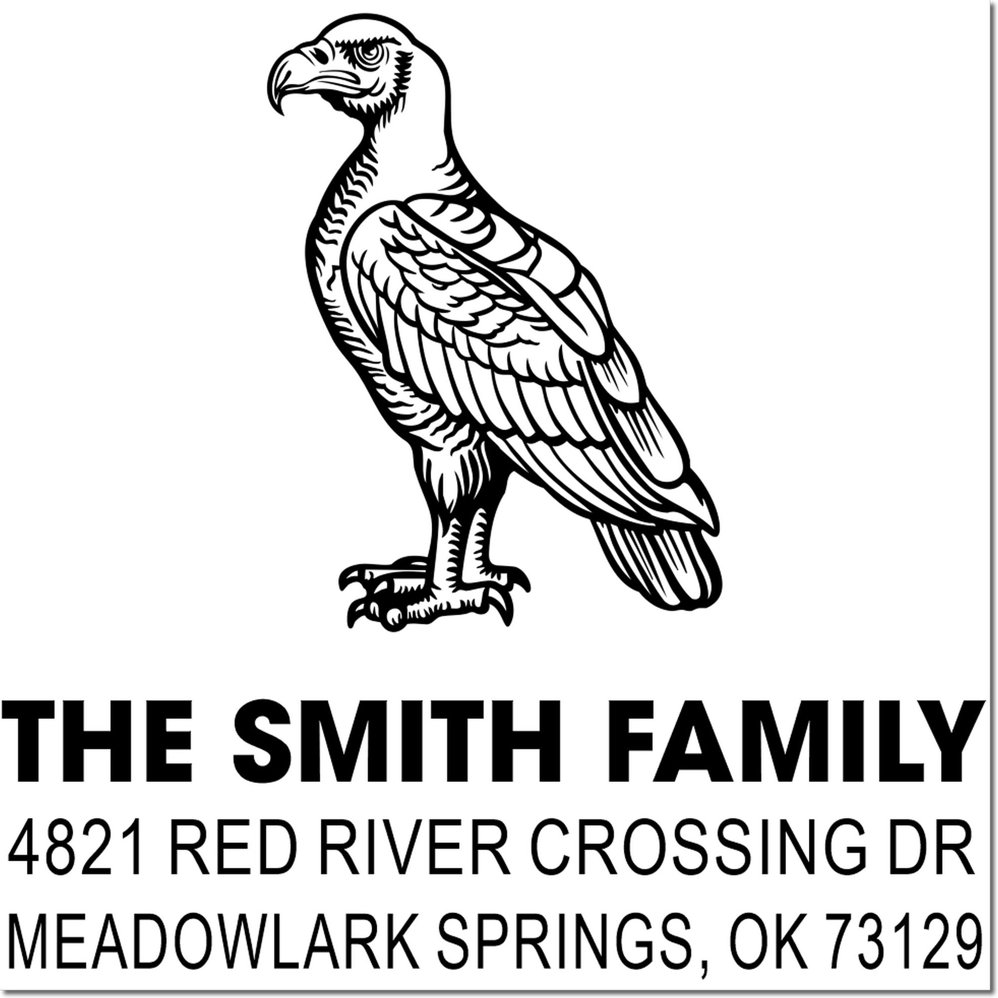 Custom rubber address stamp with eagle logo, The Smith Family, 4821 Red River Crossing Dr, Meadowlark Springs, OK 73129 for mail and packaging