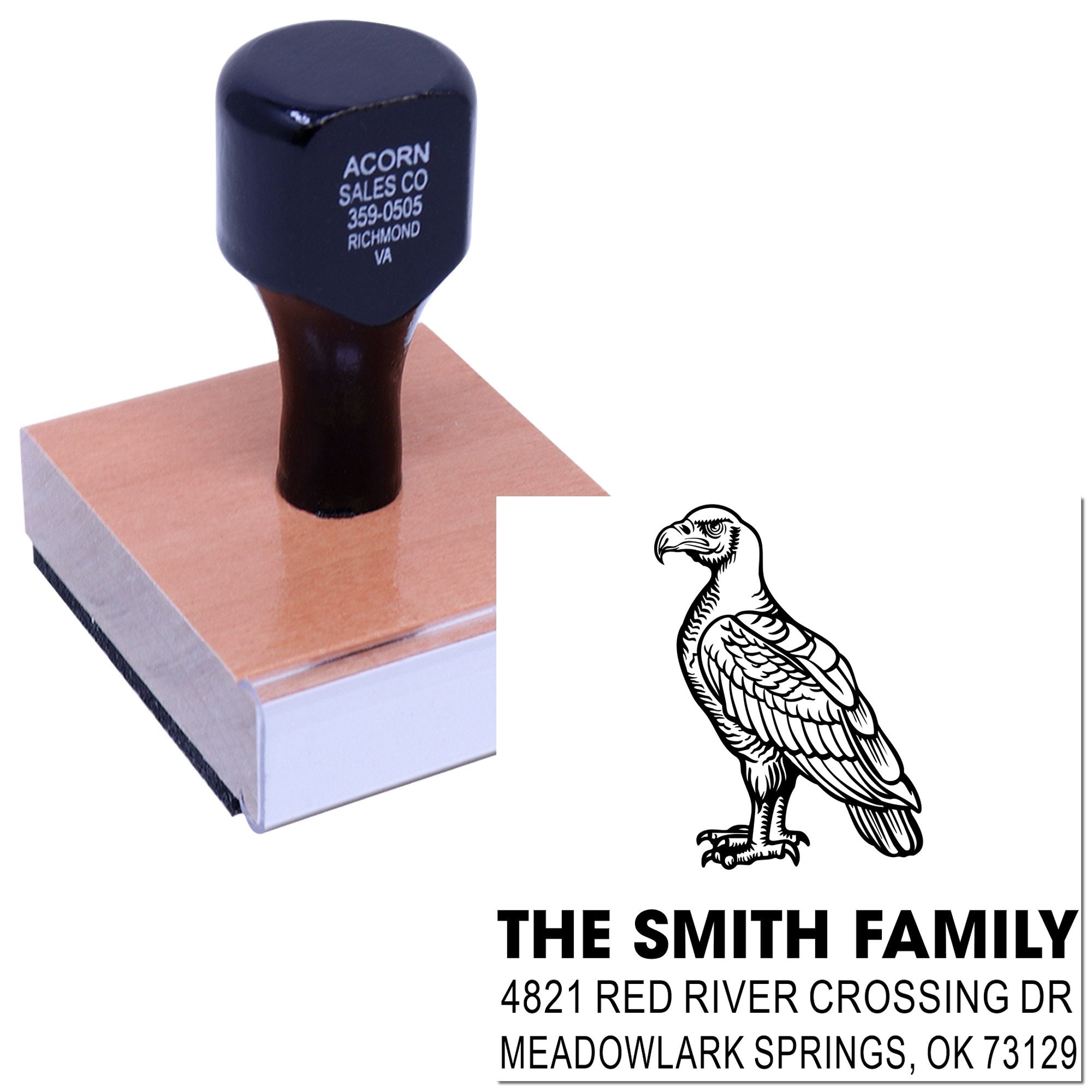 Custom self-inking address stamp with eagle family return address design, personalized rubber stamp for envelopes, mail, and stationery.