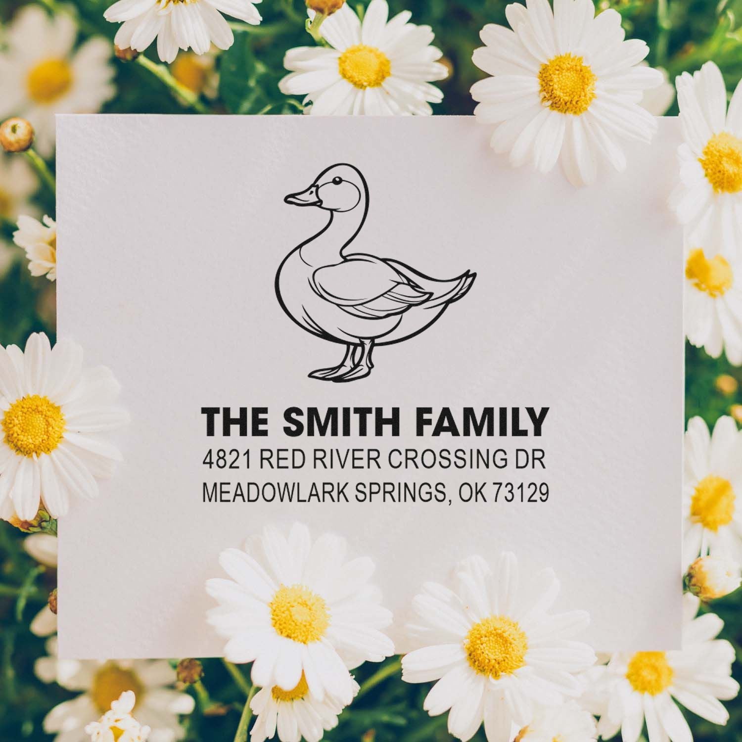 Custom address rubber stamp with duck illustration, Smith Family name, and return address for personalized envelopes, cards, and packaging.