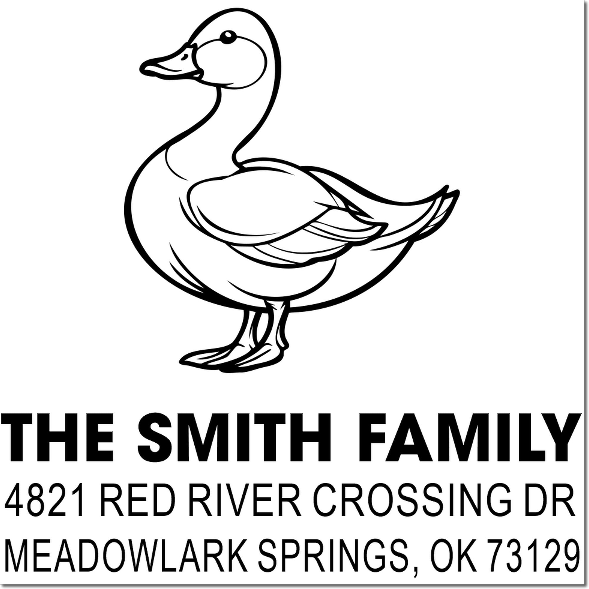 Custom rubber address stamp with duck logo, The Smith Family name, and personalized return address for 4821 Red River Crossing Dr, OK 73129
