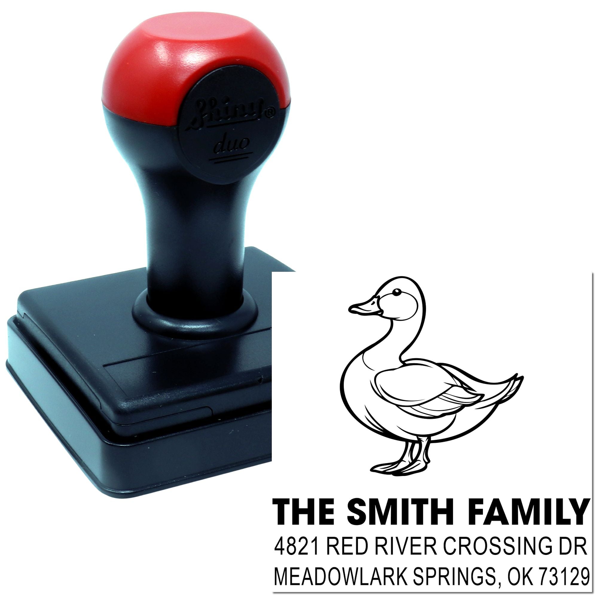 Custom self-inking rubber address stamp with duck illustration and family name, ideal for personalized mailing, business, or return address use.