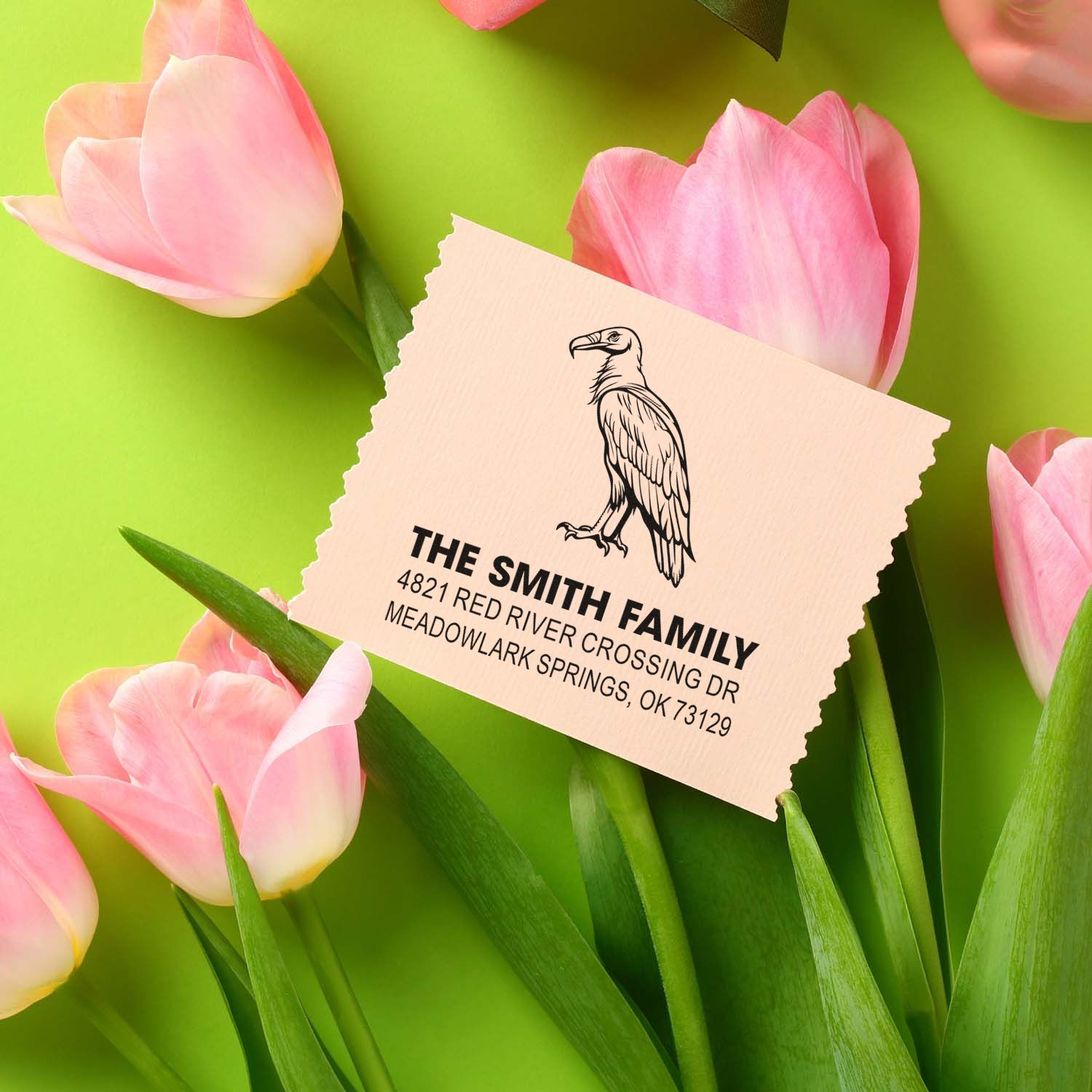 Custom family address rubber stamp with vulture illustration, personalized return address design for wedding invitations, mail, and stationery.