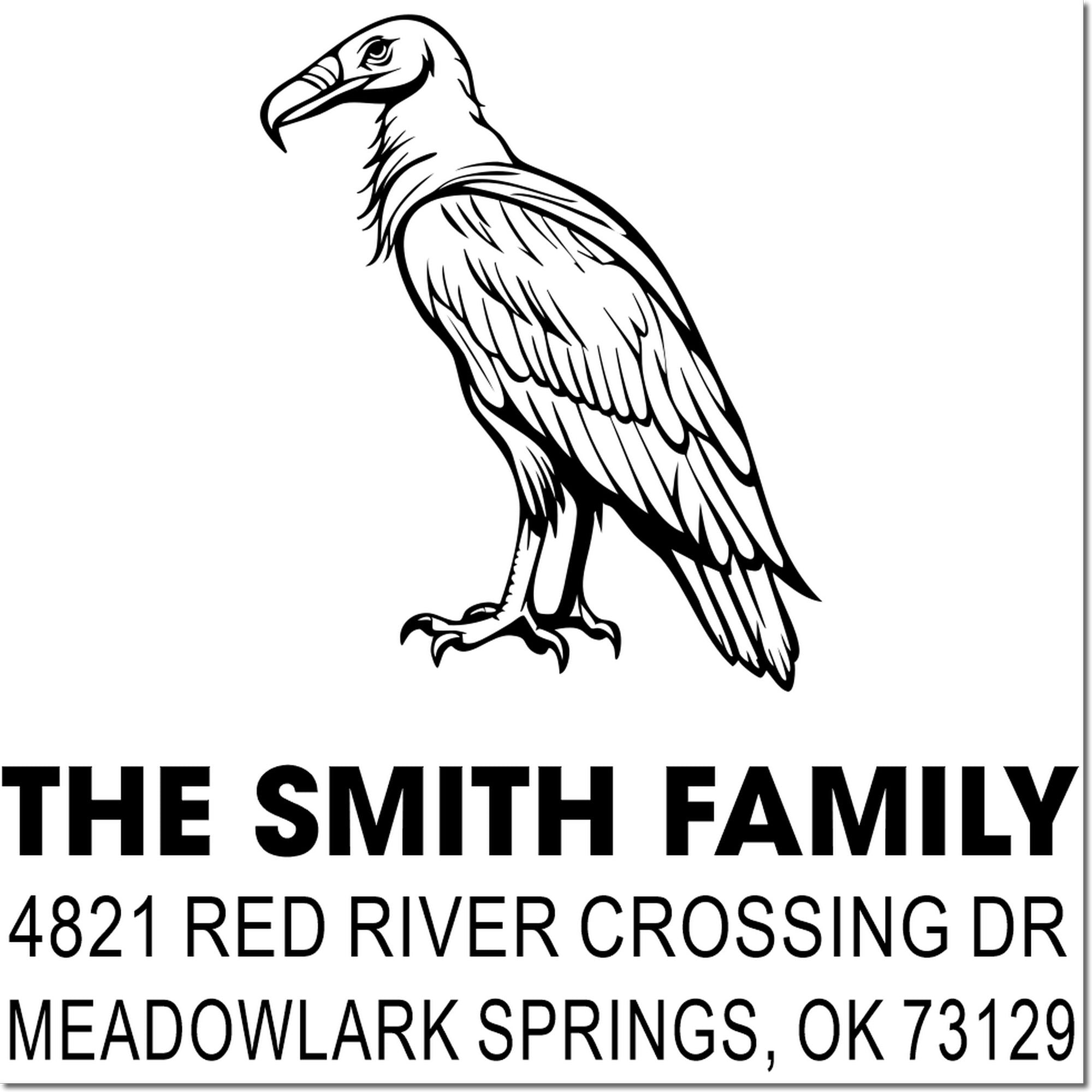 Custom return address rubber stamp with eagle design for The Smith Family, 4821 Red River Crossing Dr, Meadowlark Springs, OK 73129