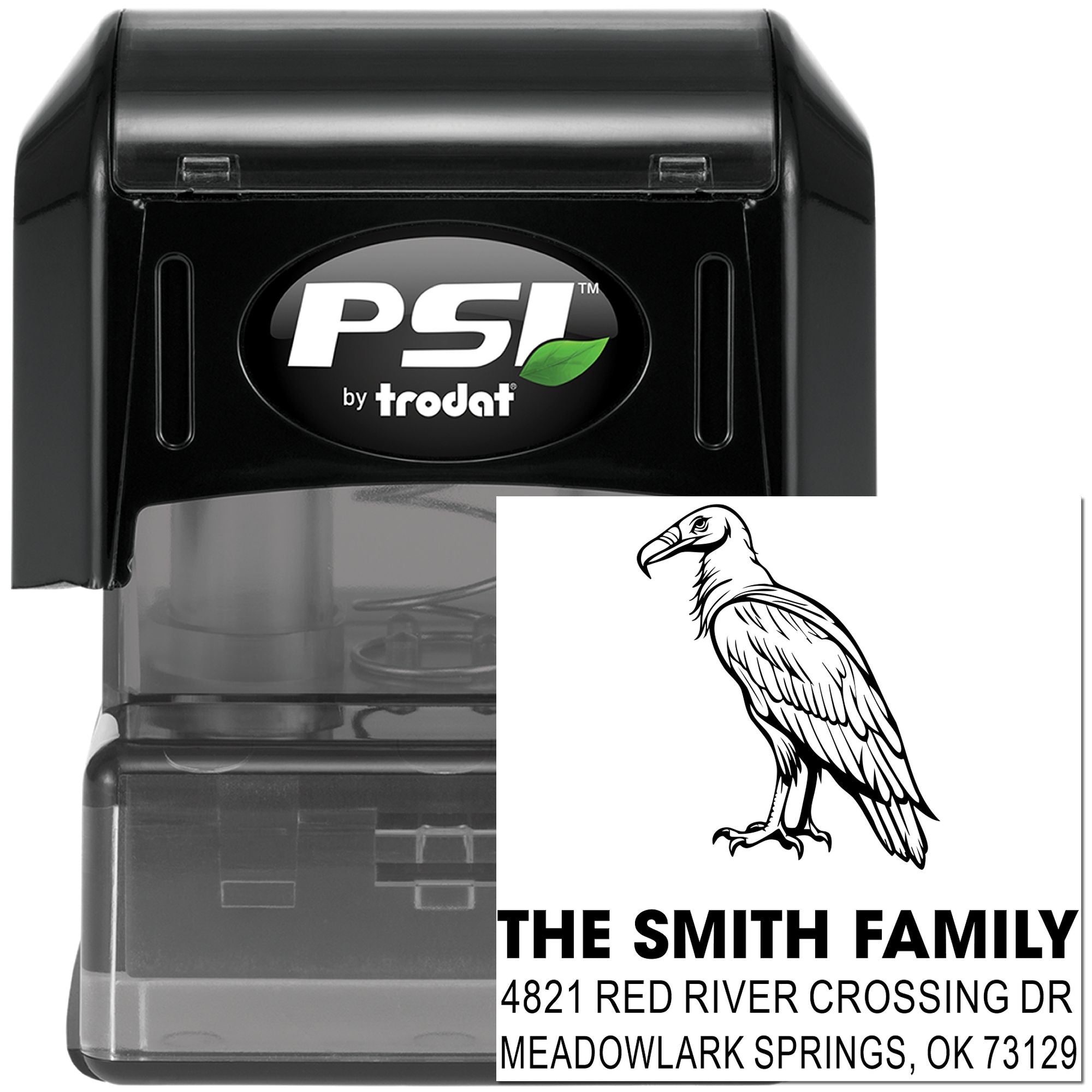Custom self-inking PSI by Trodat rubber stamp with bird address design, family name, and return address for envelopes, mailings, and office use