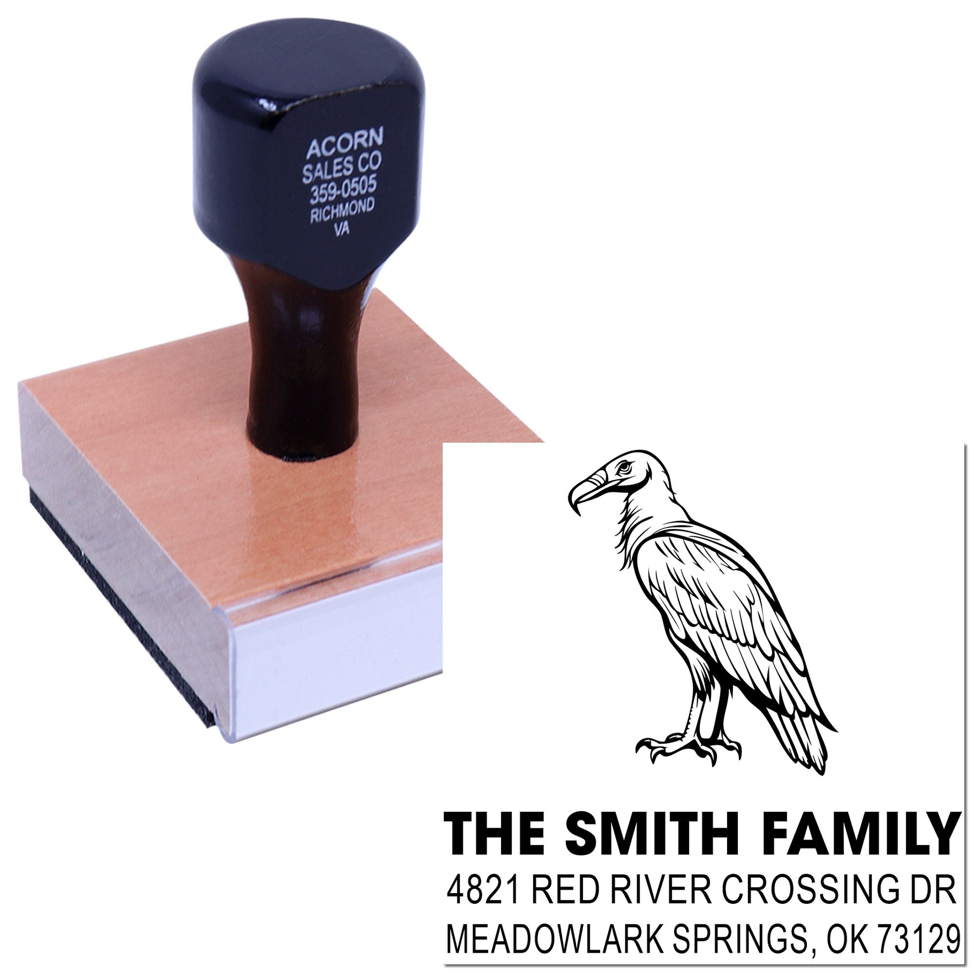Custom rubber address stamp with bird logo, family name, and mailing address for personalized envelopes, stationery, and correspondence.