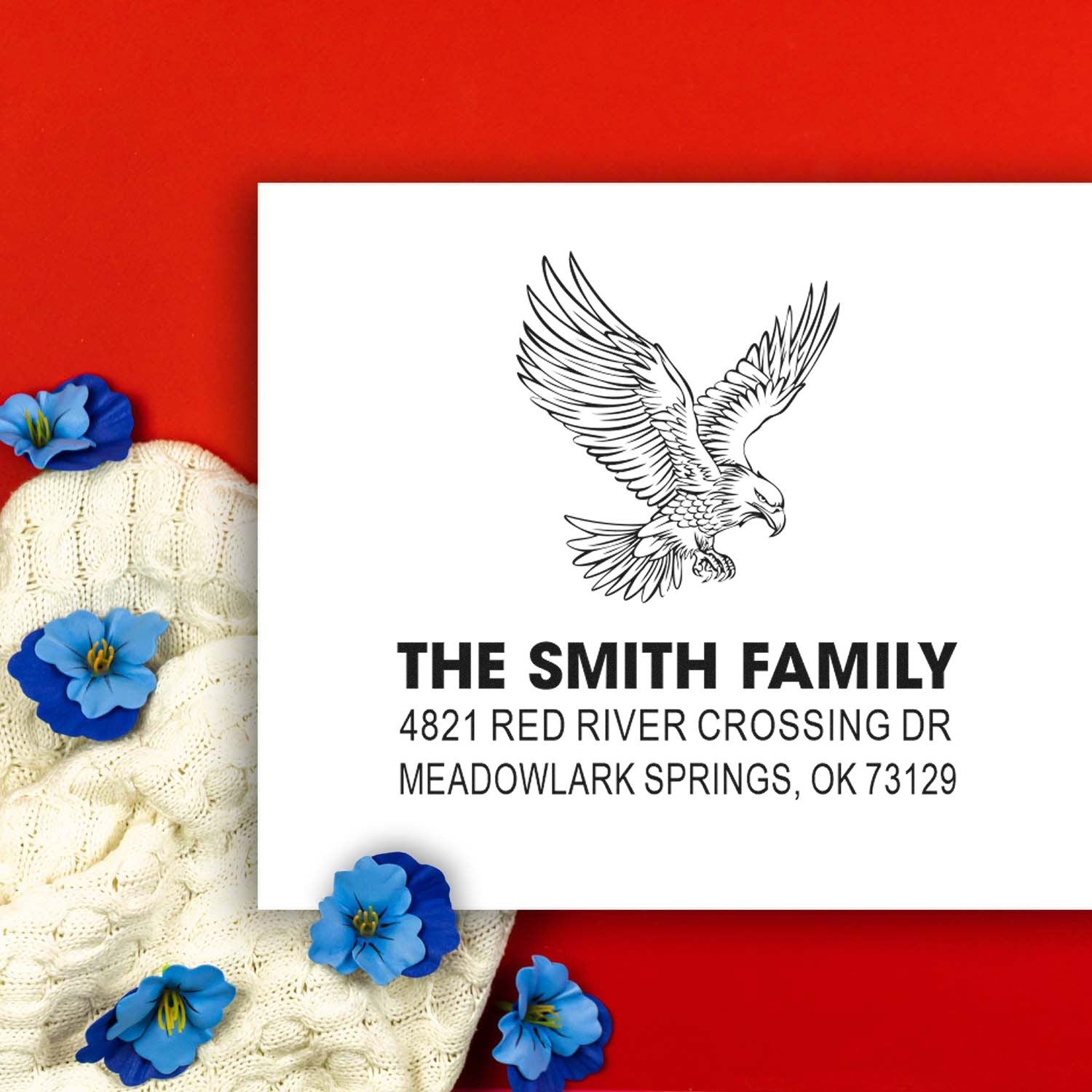 Custom rubber stamp with eagle design, personalized family name and return address for The Smith Family, ideal for mailings and stationery