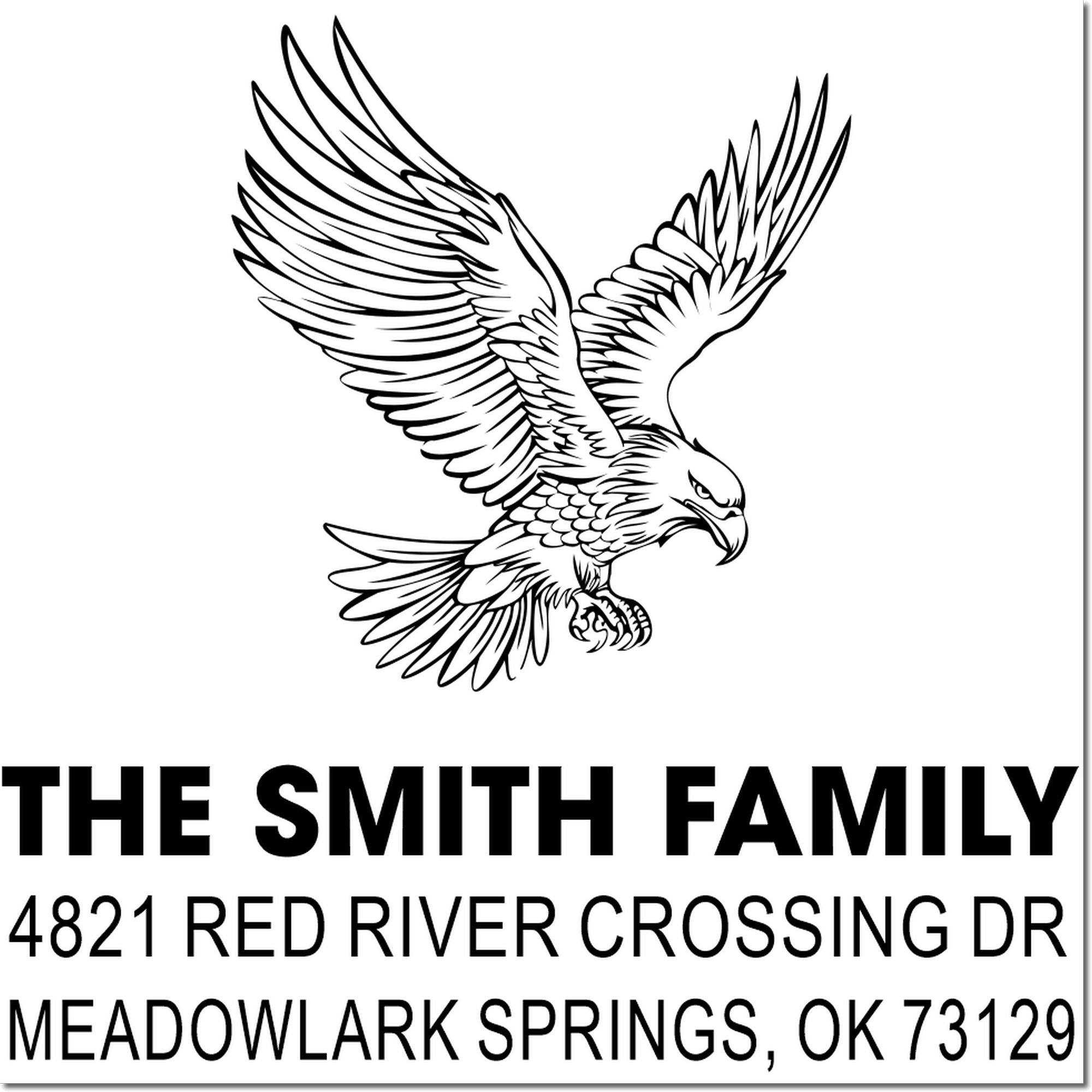 Custom eagle return address rubber stamp for The Smith Family, 4821 Red River Crossing Dr, Meadowlark Springs, OK 73129, for mailing envelopes.