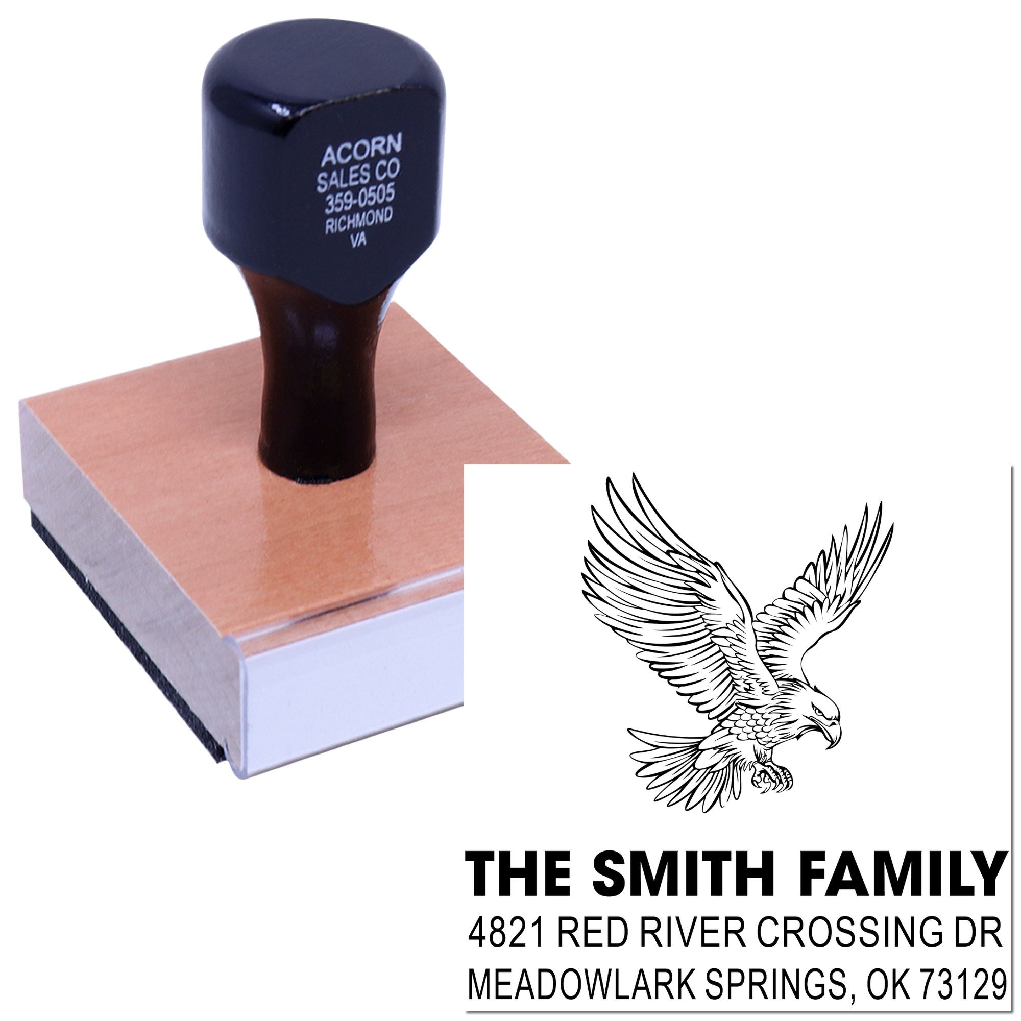 Custom rubber stamp with eagle design and return address for The Smith Family, ideal for mailing labels, envelopes, and personal correspondence.