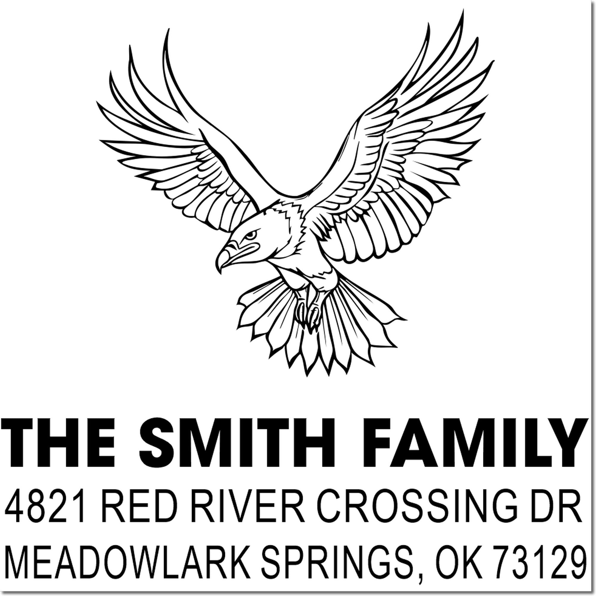 Custom rubber address stamp with flying eagle graphic, The Smith Family name, and Meadowlark Springs, OK address for mailing and return labeling