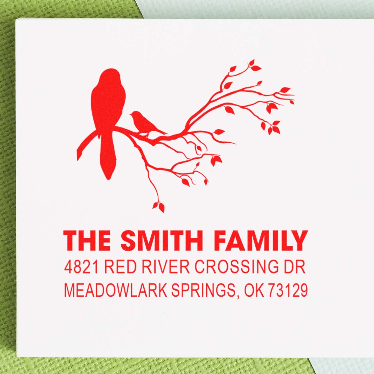 Custom family address rubber stamp with bird and branch design, personalized return address stamp for The Smith Family, Meadowlark Springs, OK