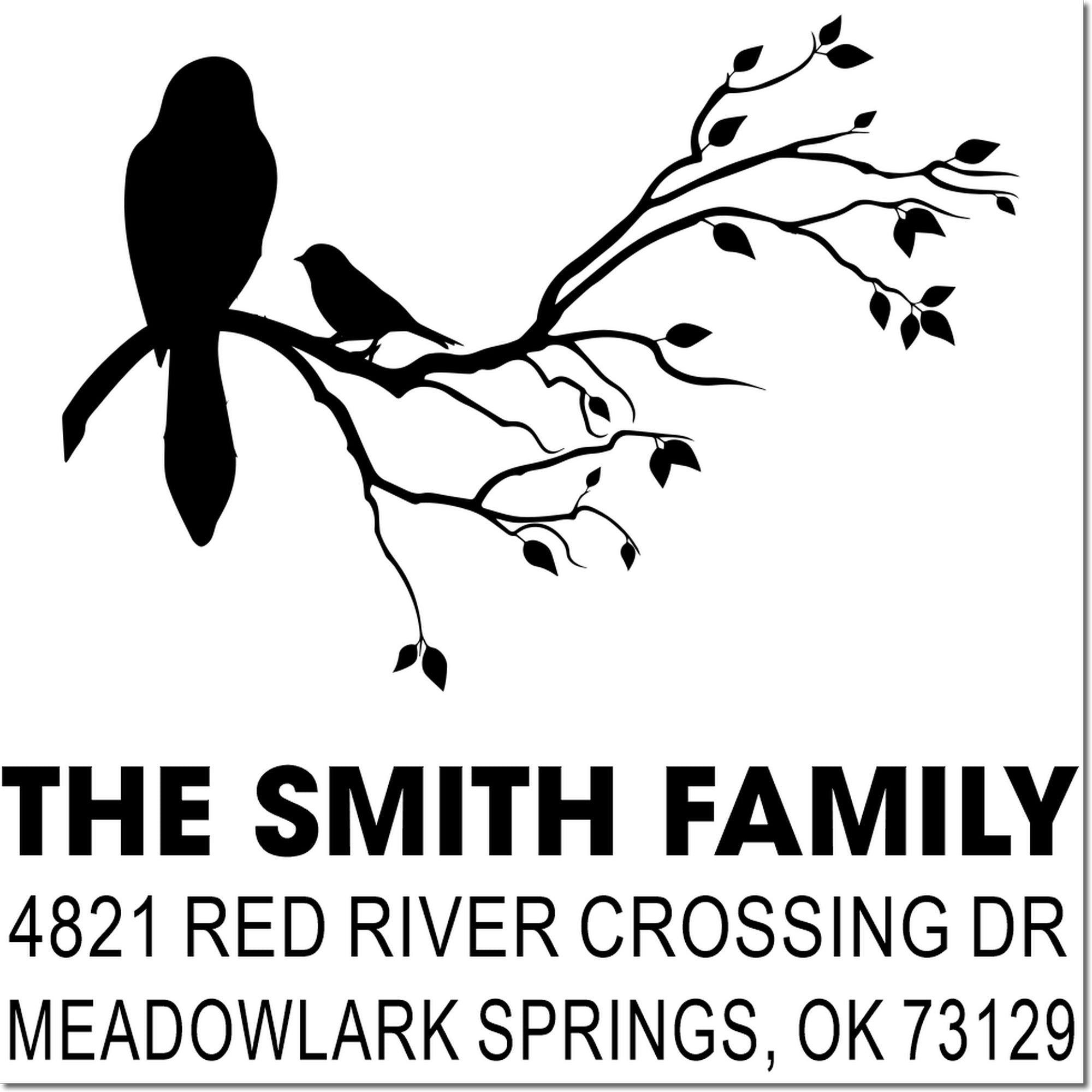 Custom rubber stamp with bird on branch silhouette, personalized family name address stamp for The Smith Family, Meadowlark Springs, OK 73129