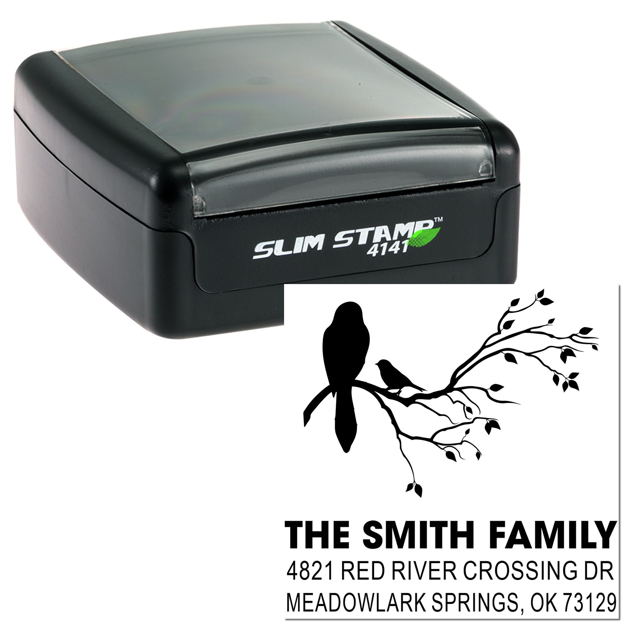 Custom Slim Stamp 4141 self-inking address rubber stamp with bird branch design, The Smith Family name, and Meadowlark Springs, OK return address