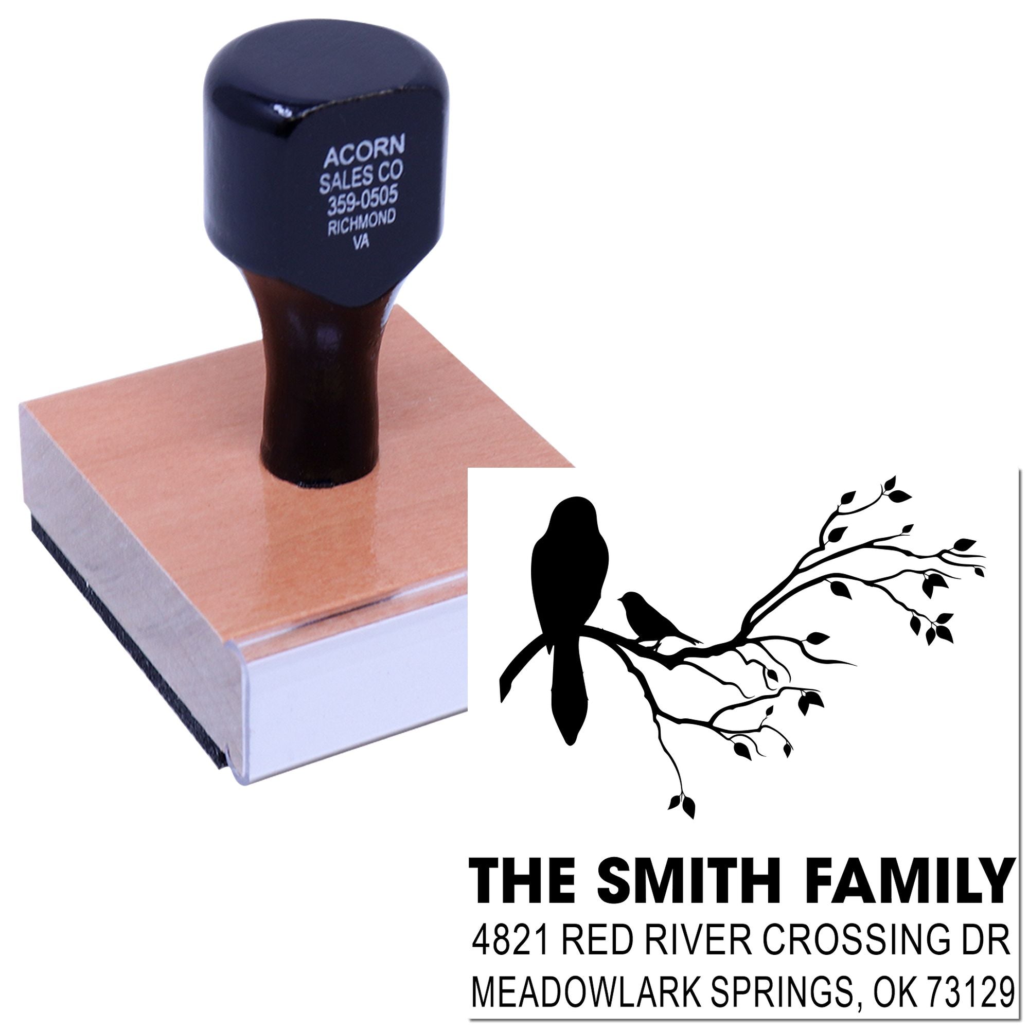 Custom self-inking rubber address stamp with bird branch family return address design for personalized mail, envelopes, and wedding stationery