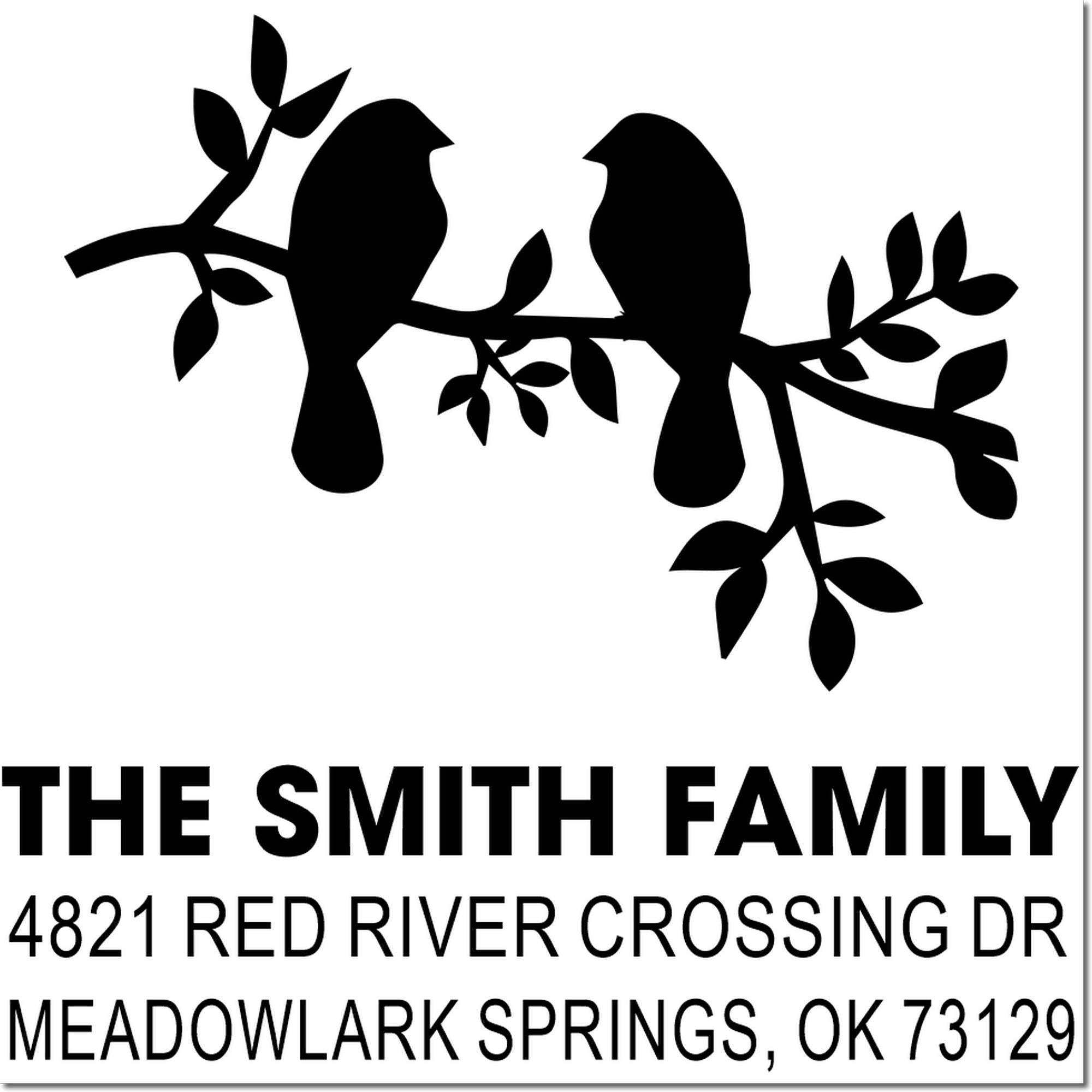Custom rubber address stamp with bird silhouette branch design, Smith family name, 4821 Red River Crossing Dr, Meadowlark Springs, OK 73129