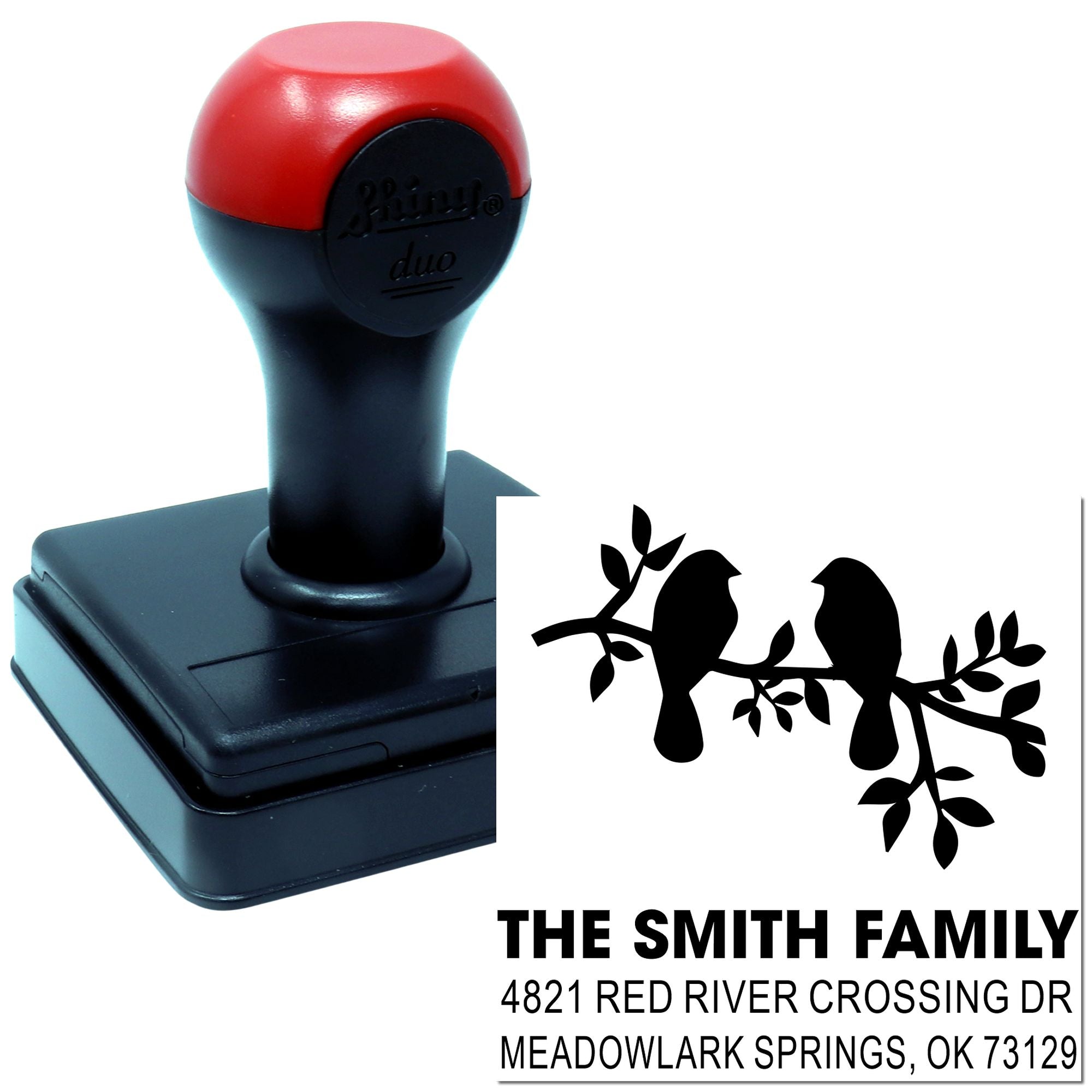 Custom self-inking family return address rubber stamp with birds design, personalized mailing stamp for envelopes, cards, and home office use.
