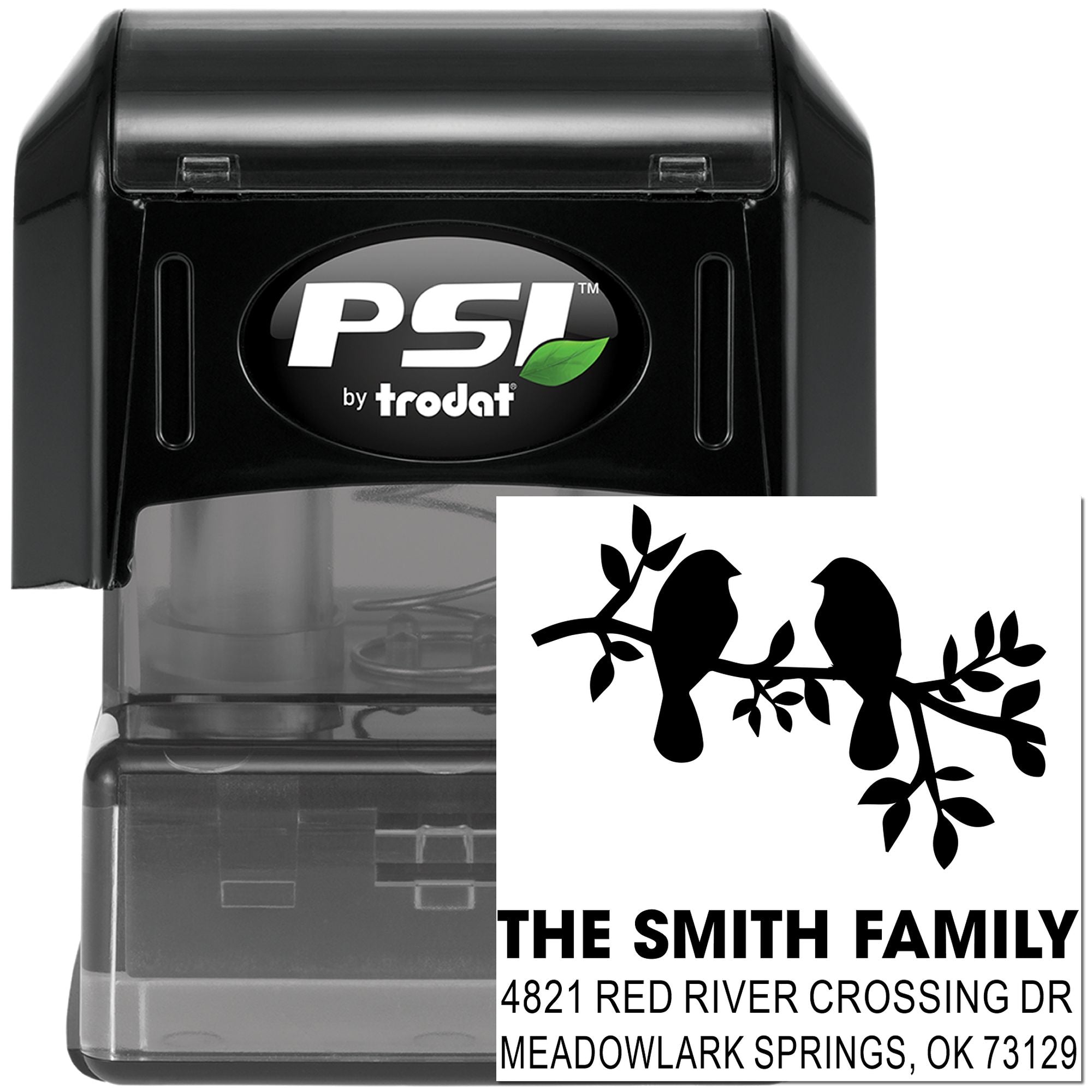 PSI by Trodat self-inking custom address stamp with birds on branch design, black rubber stamp for personalized mailing and home use