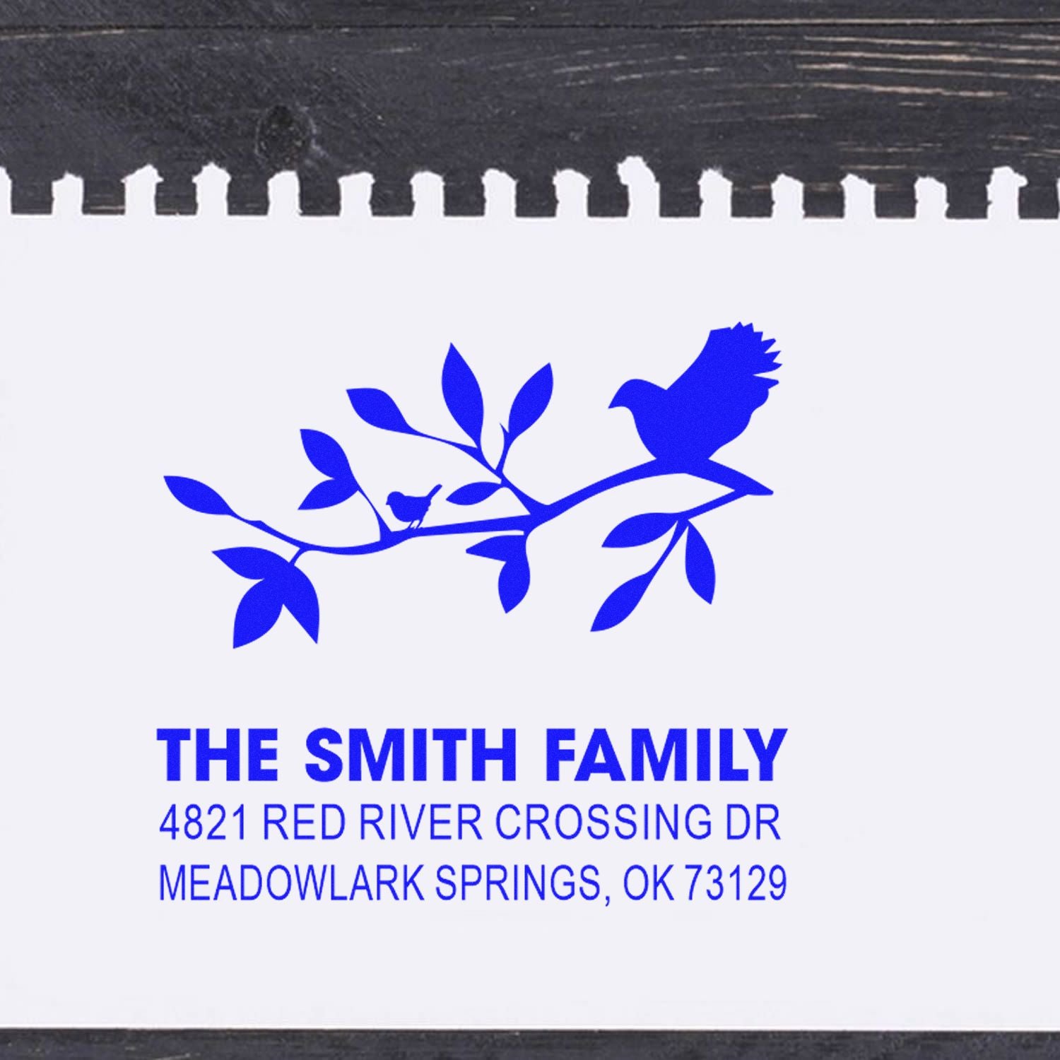 Custom personalized return address rubber stamp with bird and branch design, The Smith Family, blue ink, Meadowlark Springs, OK 73129