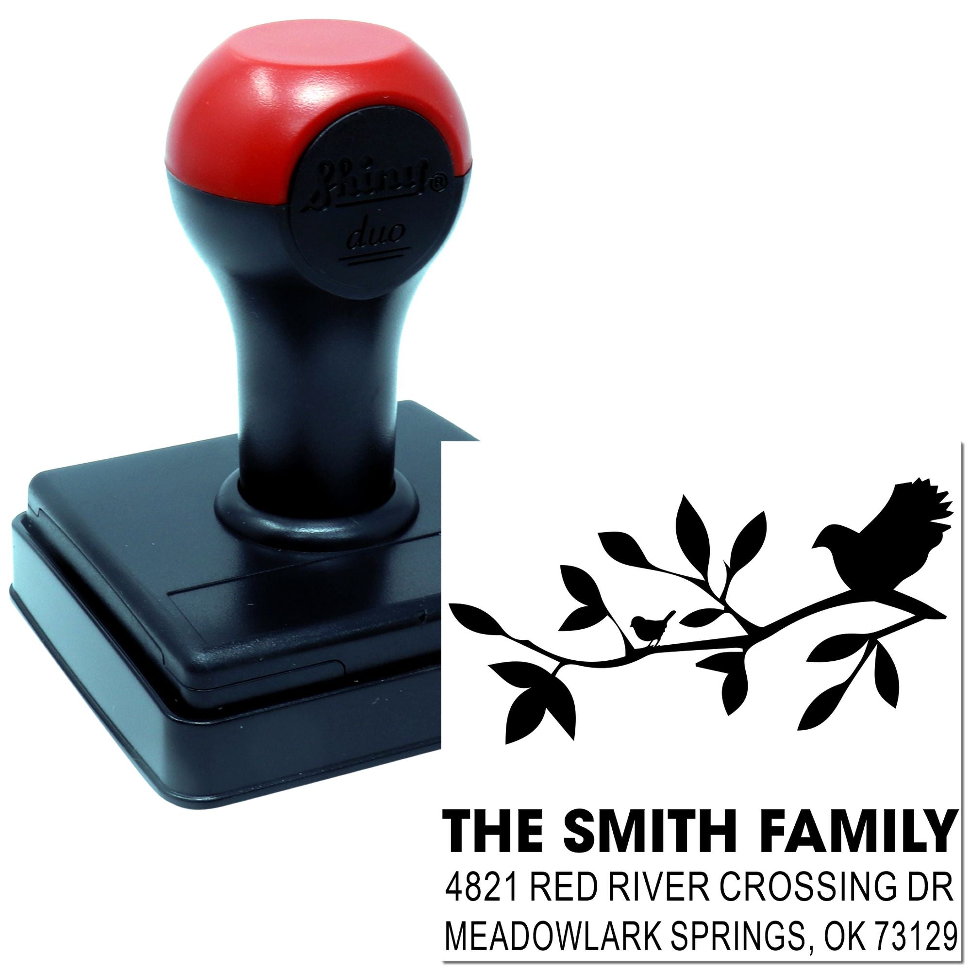 Personalized self-inking address stamp with bird branch design, custom family name, and return address for envelopes, cards, and mailing.
