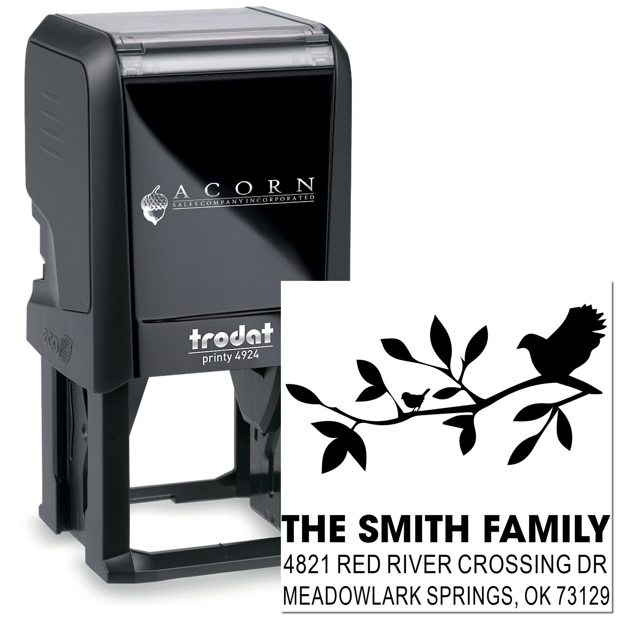 Custom self-inking rubber return address stamp with family name, bird and branch design, Trodat Printy 4924 style, personalized mailing stamp.