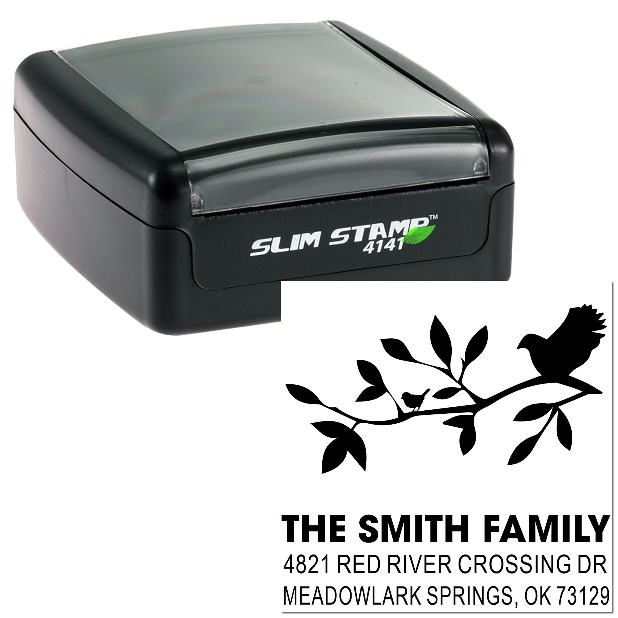 Custom self-inking rubber address stamp with Slim Stamp 4141 case, bird branch design, and Smith Family return address for mailing envelopes