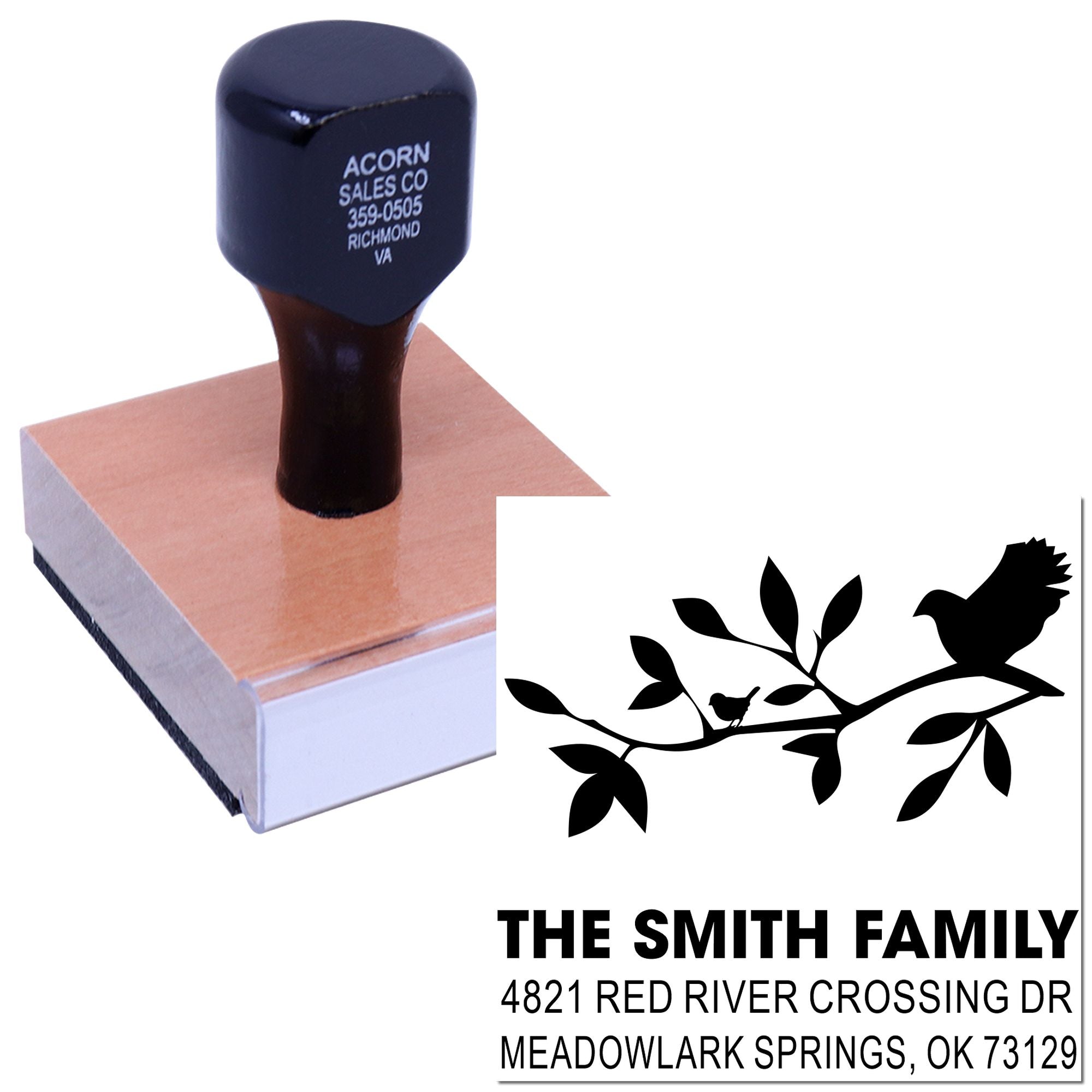 Custom rubber stamp with bird branch design and Smith family return address for personalized envelopes, mail, and stationery.