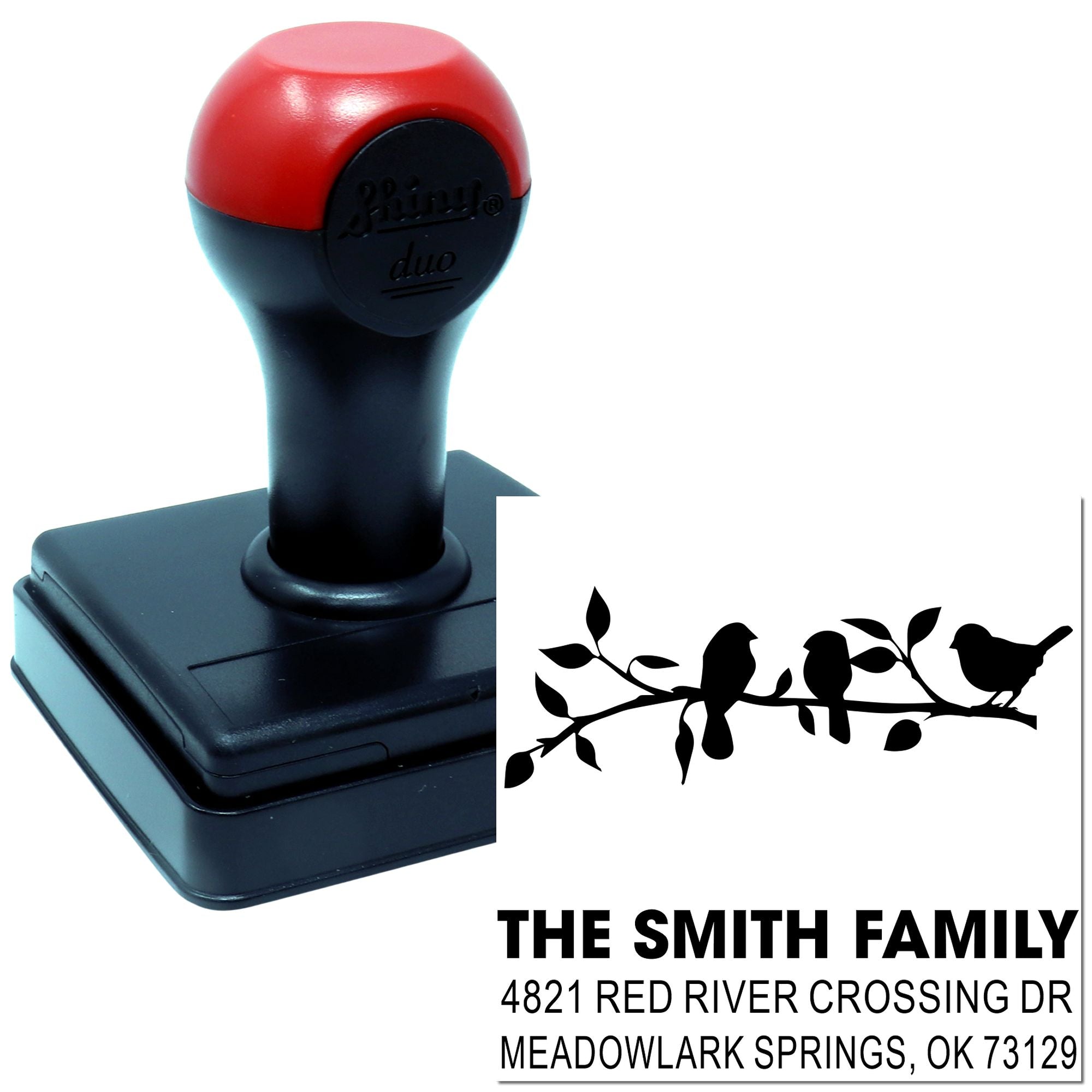 Custom self-inking return address rubber stamp with family name, bird branch design, and personalized address for home mailing and envelopes