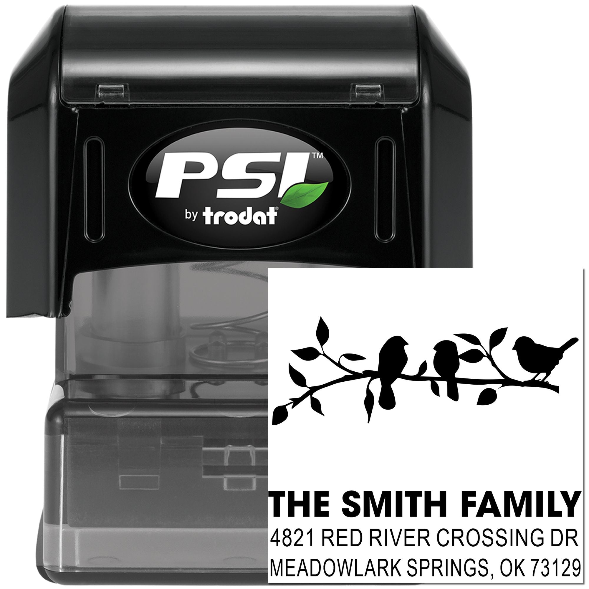 Custom self-inking rubber address stamp with bird branch design, PSI by Trodat, featuring The Smith Family name and return address.