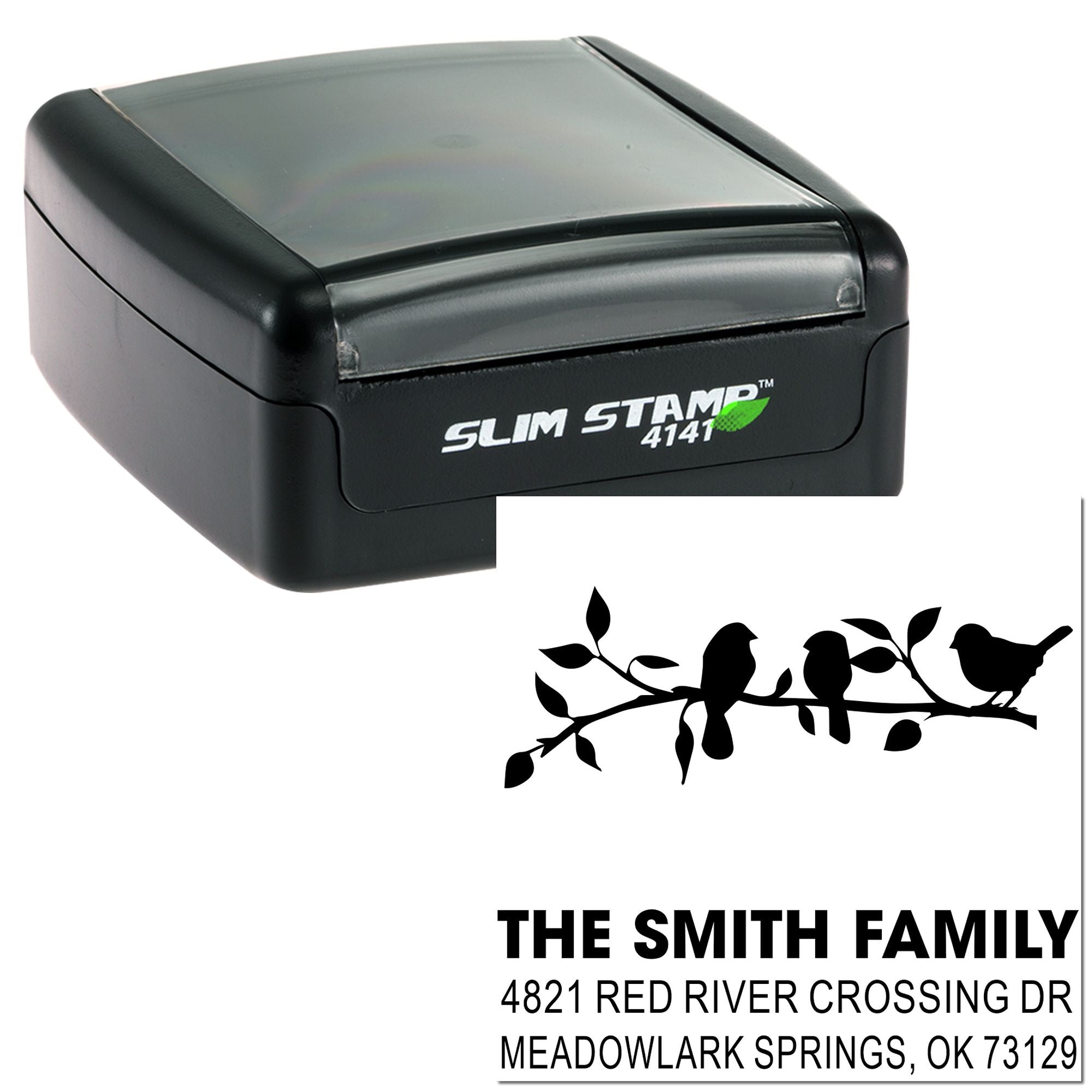 Custom Slim Stamp 4141 self-inking return address rubber stamp with bird branch design for The Smith Family, Meadowlark Springs, OK 73129