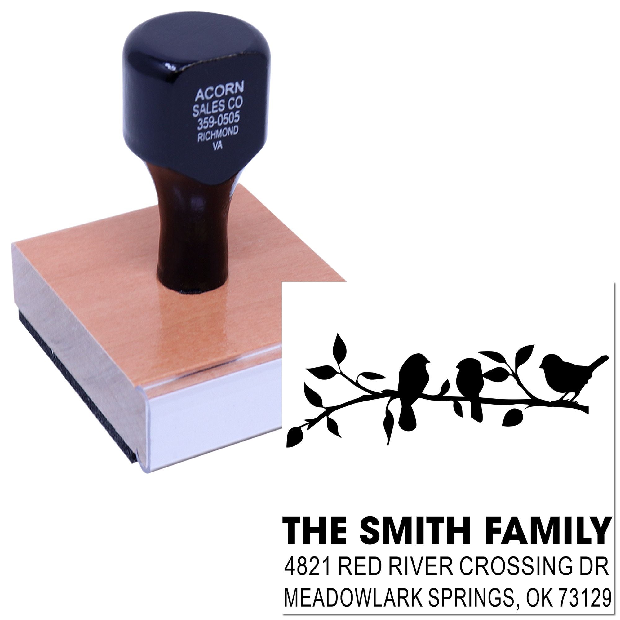 Custom return address rubber stamp with bird branch design, personalized family name and mailing address for wedding invitations and envelopes.