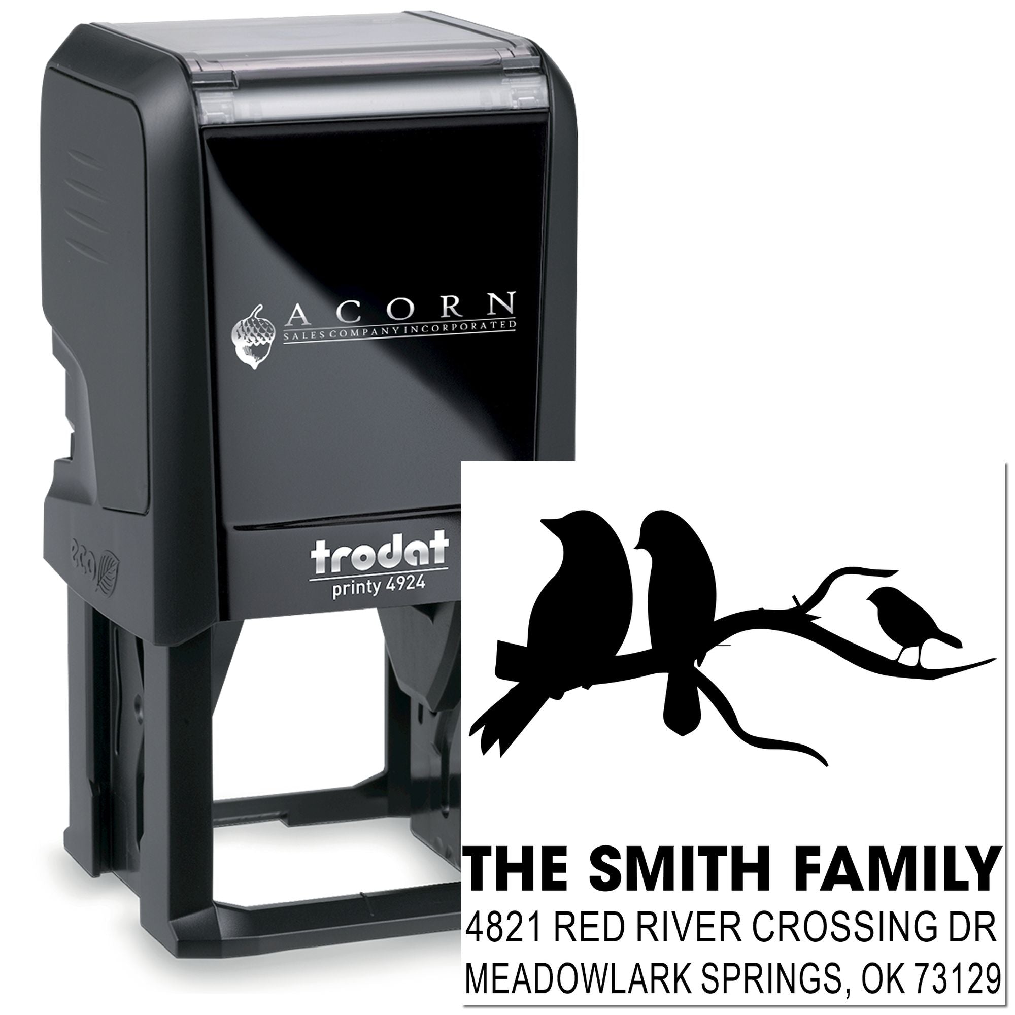 Custom Trodat Printy 4924 self-inking address stamp with bird branch design, personalized family name and mailing address for home or business.