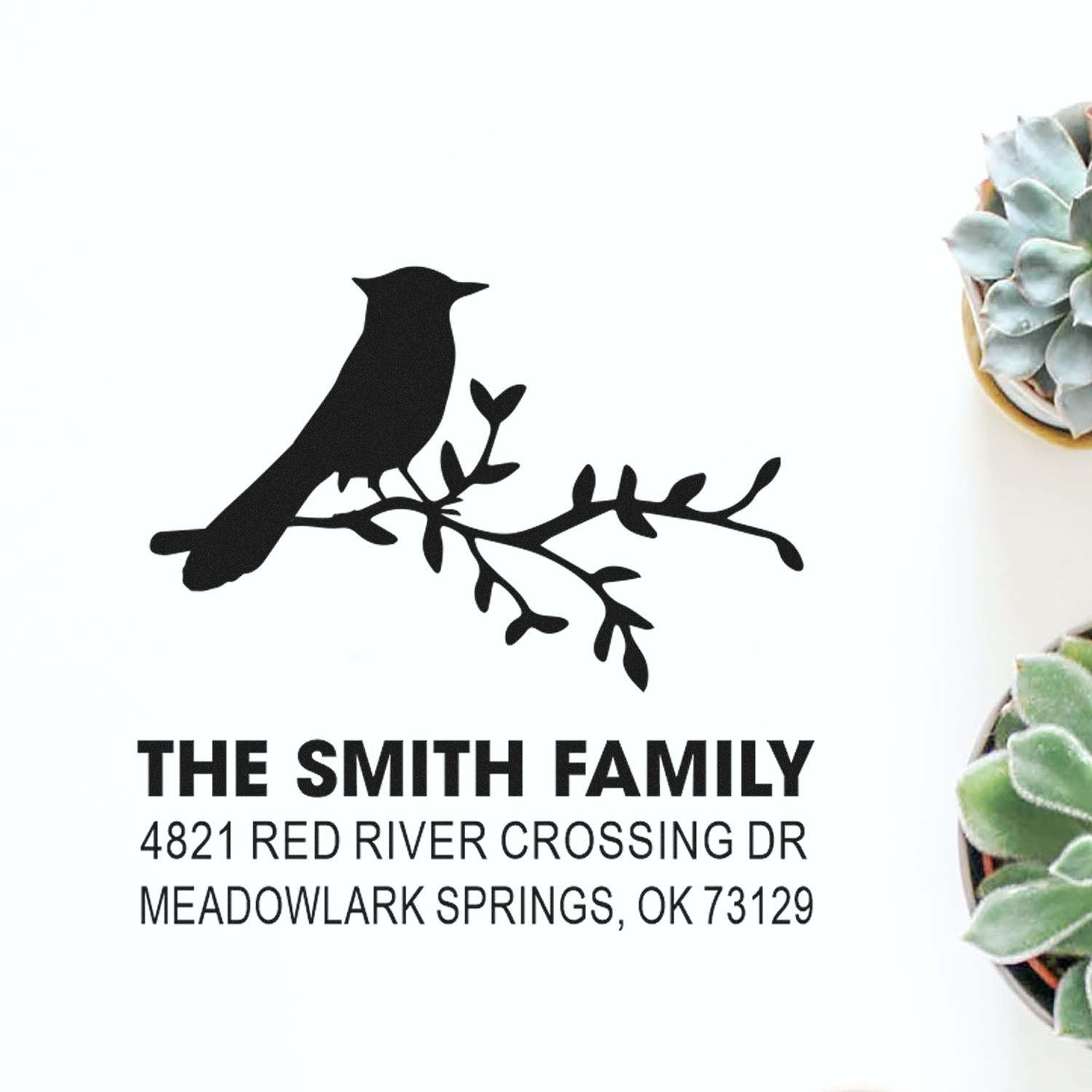 Custom return address rubber stamp with bird on branch design, personalized The Smith Family name and address stamp for envelopes, mail, and stationery