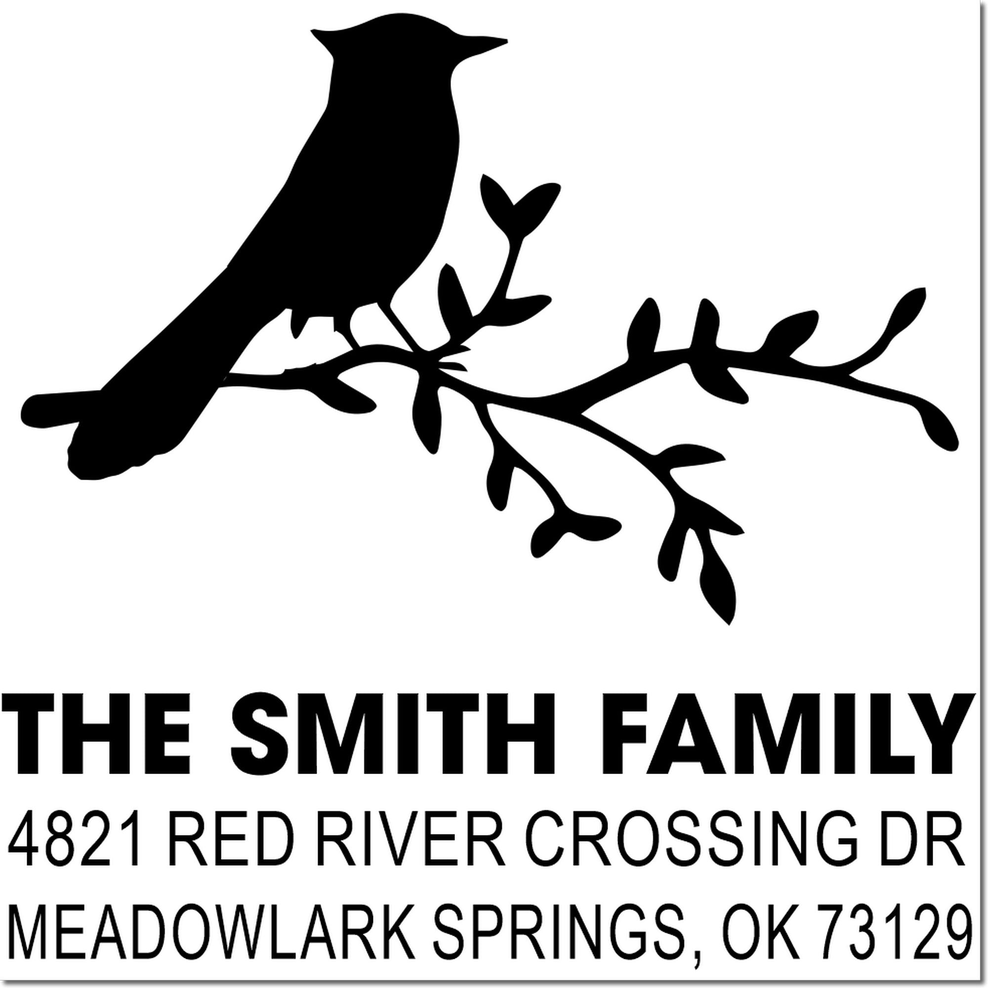 Custom rubber return address stamp with bird silhouette, The Smith Family, 4821 Red River Crossing Dr, Meadowlark Springs, OK 73129