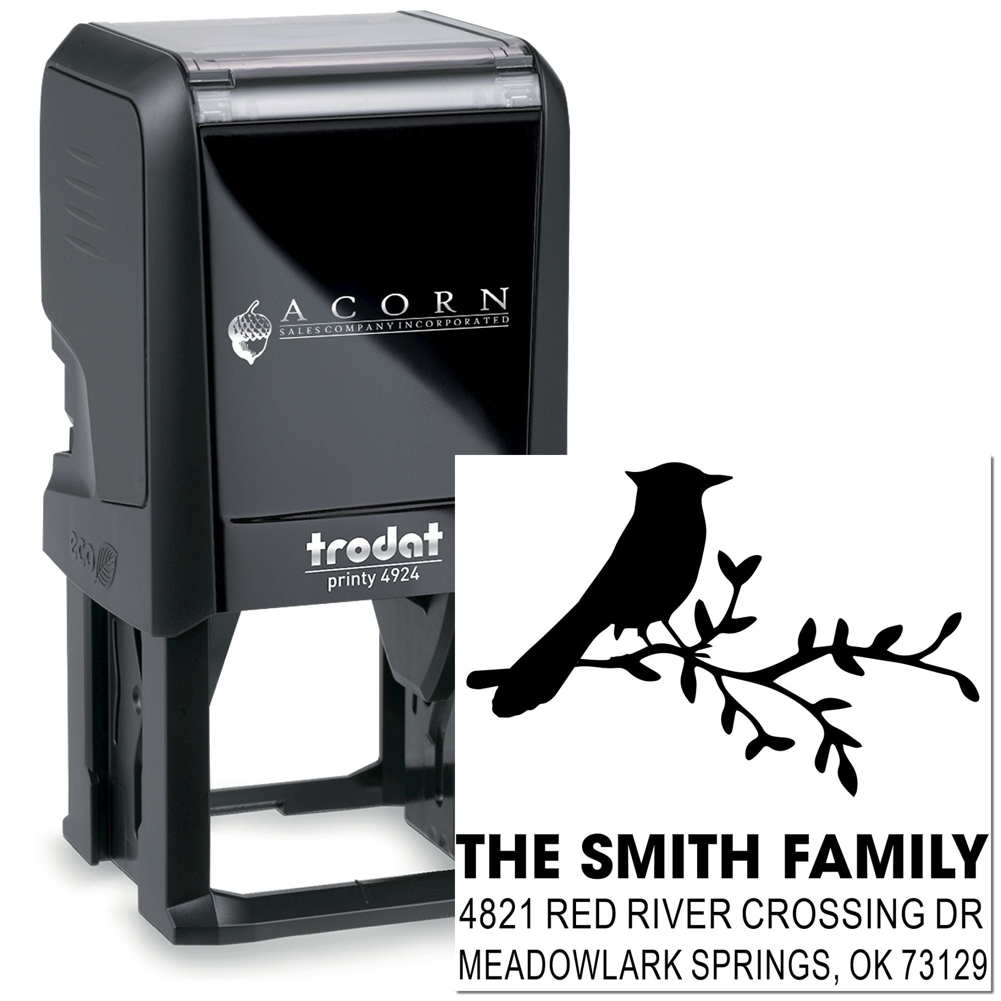 Custom self-inking address stamp with bird branch design, Trodat Printy 4924, The Smith Family, 4821 Red River Crossing Dr, Meadowlark Springs, OK