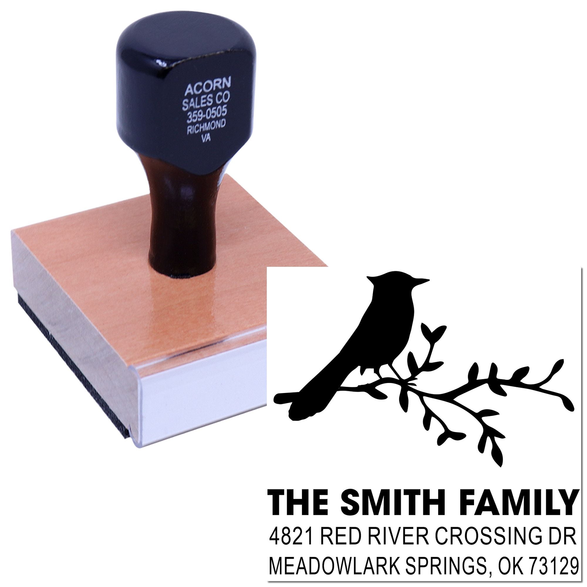 Custom return address rubber stamp with bird on branch design, family name and Oklahoma address for personalized envelopes, cards and mailings