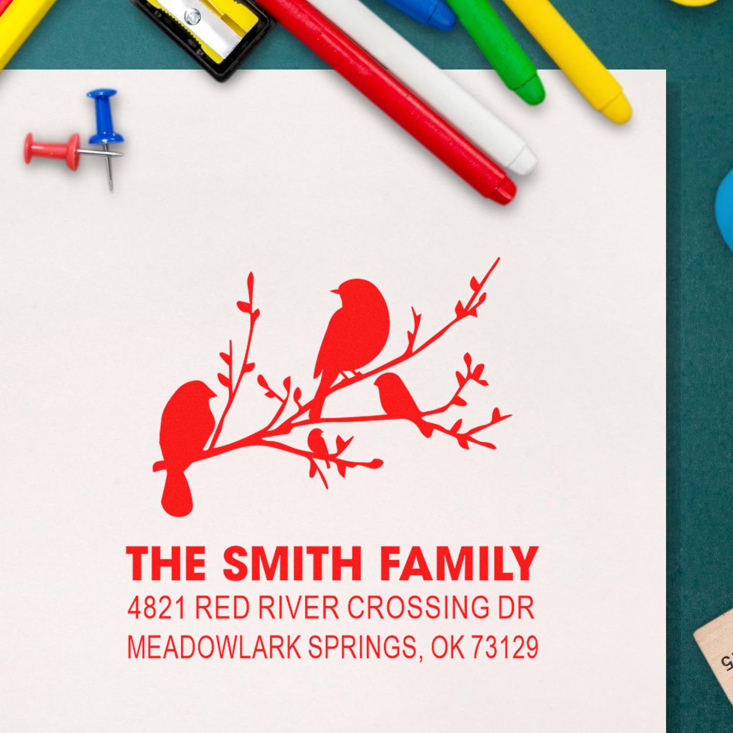 Custom return address rubber stamp with bird on branch design, The Smith Family name and Meadowlark Springs, OK 73129 in red ink