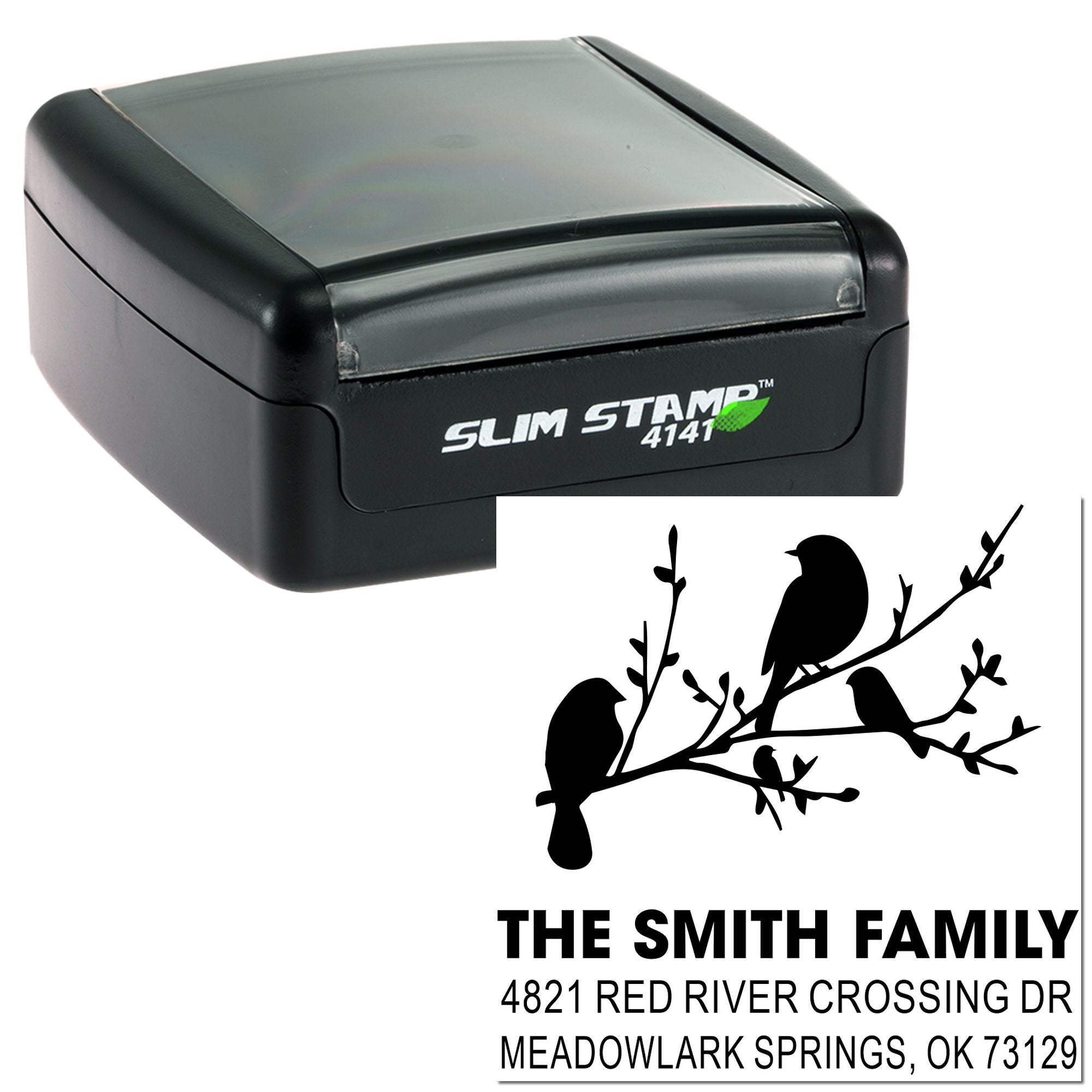 Custom self-inking address stamp with bird branch design, featuring The Smith Family return address for envelopes, cards, and mailing labels.