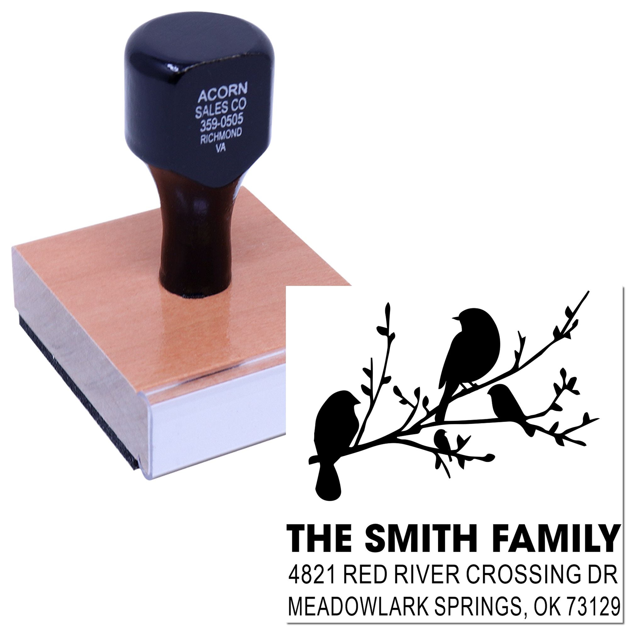Personalized self-inking rubber address stamp with birds on a branch, The Smith Family name, and custom return address for envelopes and cards.