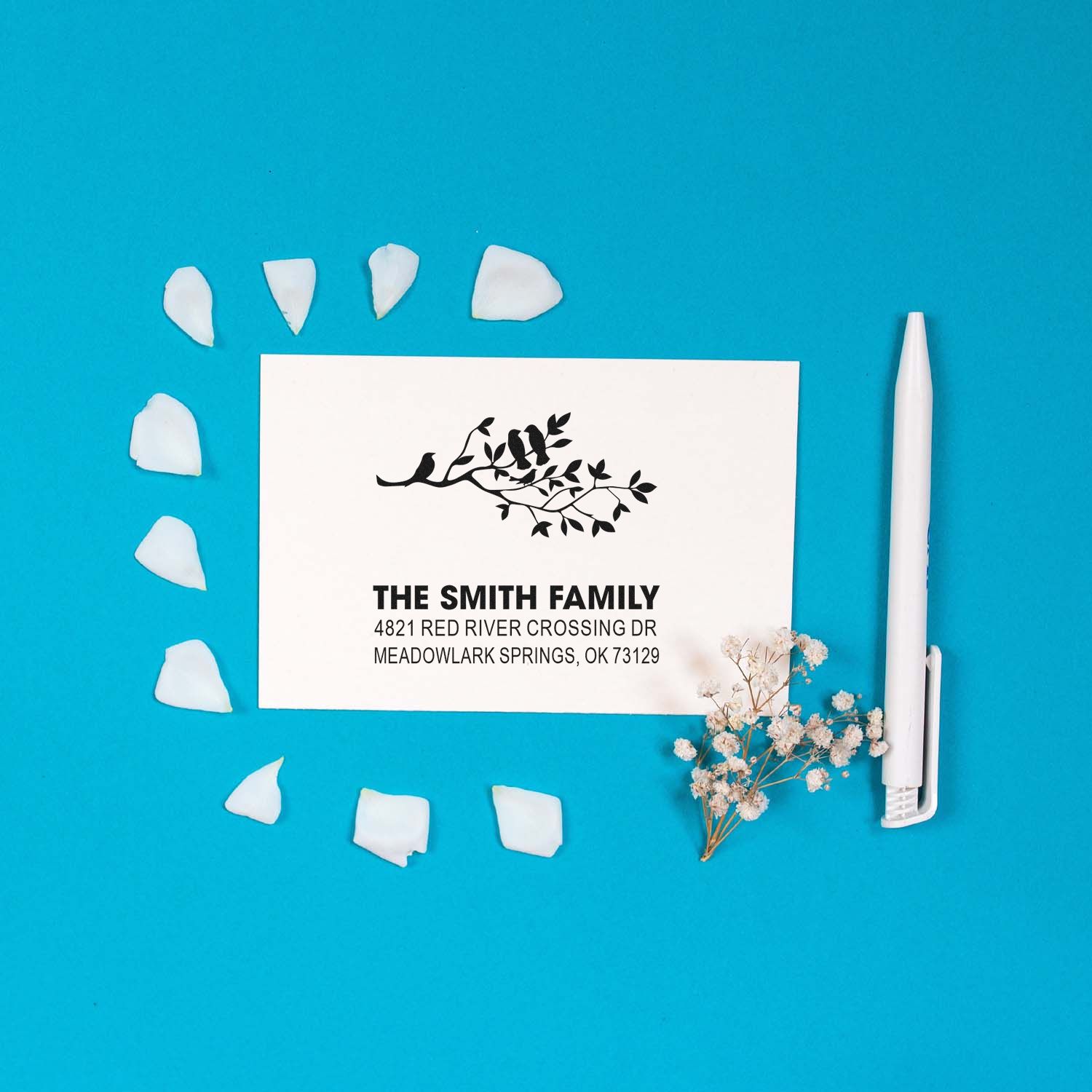 Custom personalized family address rubber stamp with bird branch design, The Smith Family return address for wedding invitations and stationery.