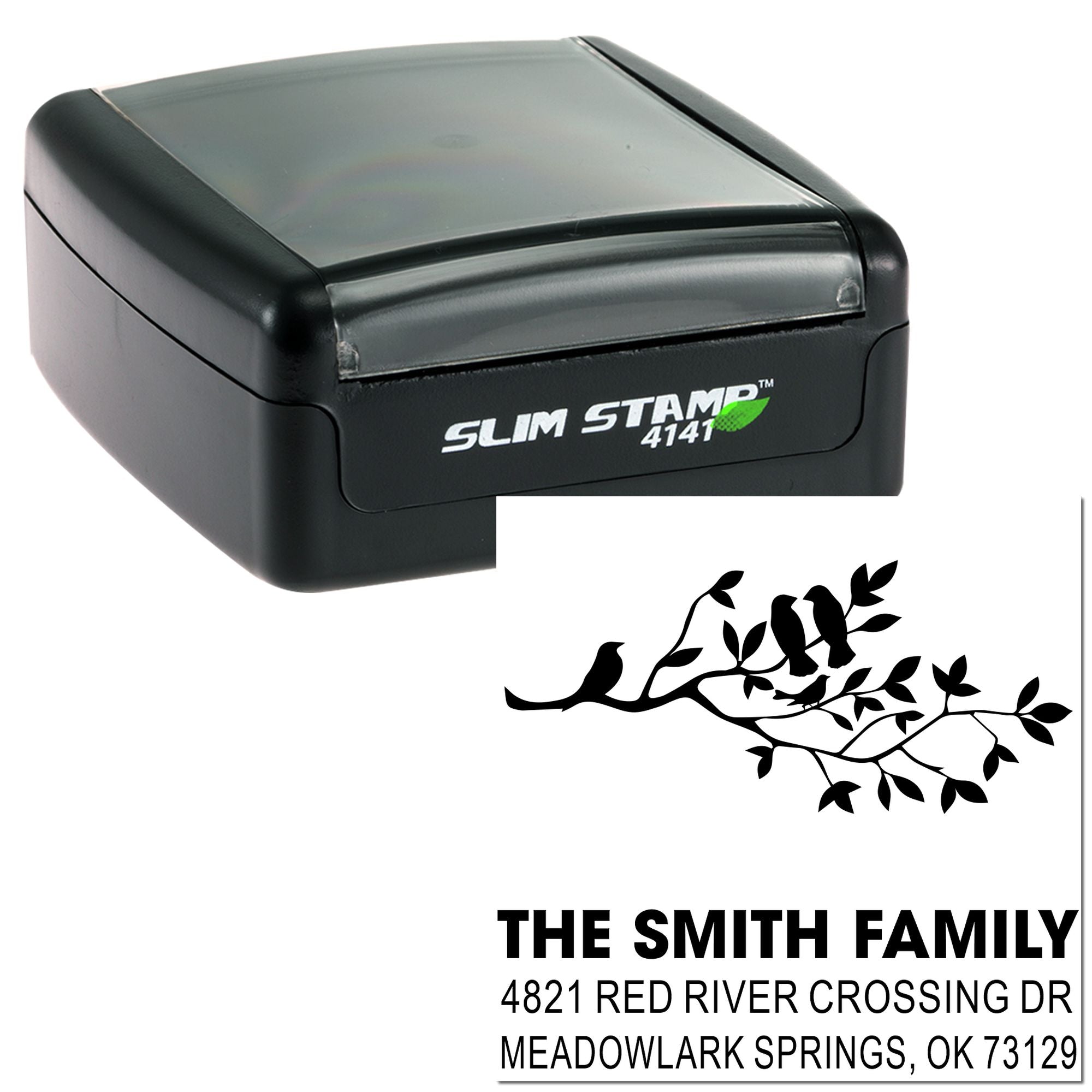 Custom self-inking rubber address stamp with bird branch design, family name, and return address for envelopes, mail, and personal stationery use.