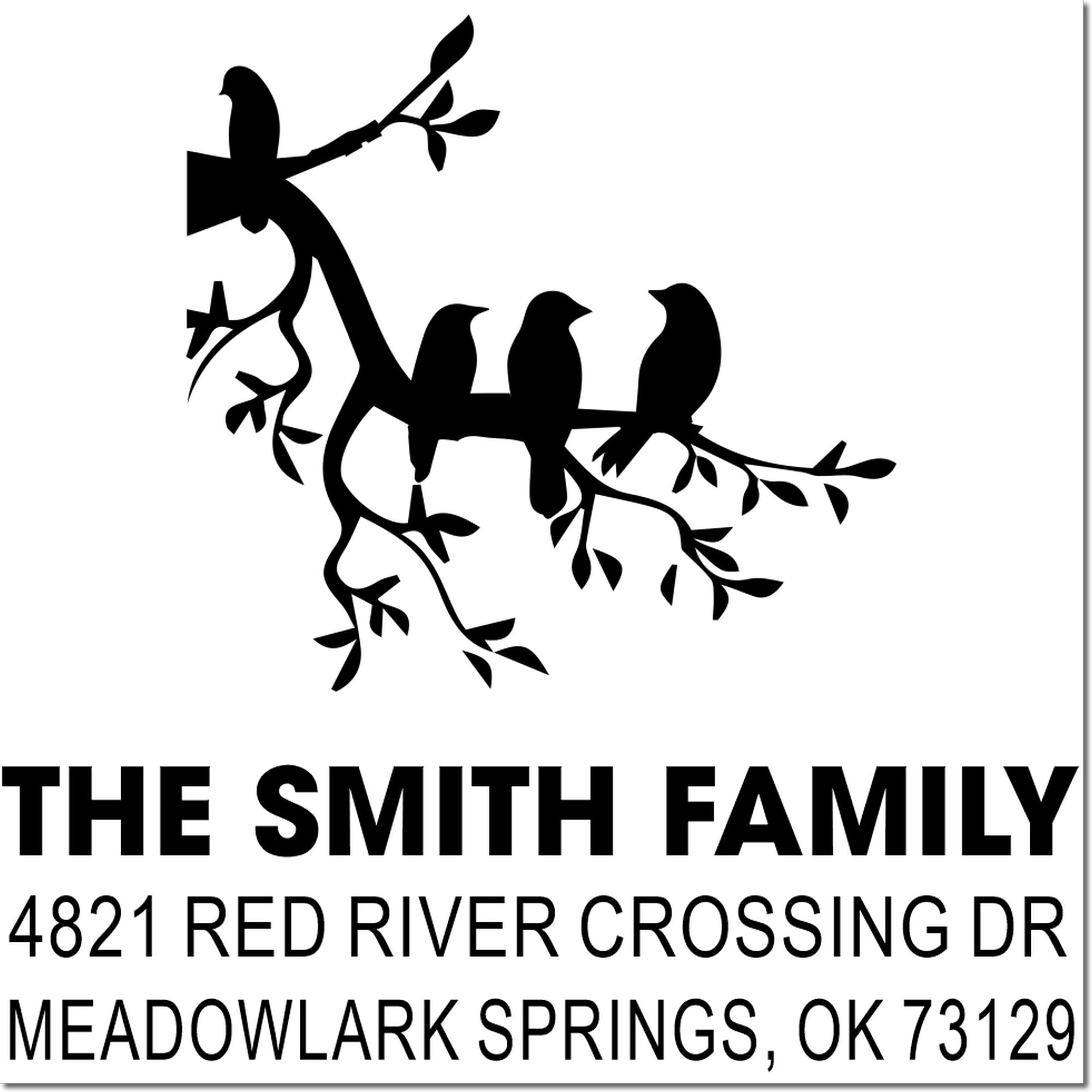 Personalized custom return address rubber stamp with tree and bird family monogram, The Smith Family, 4821 Red River Crossing Dr, OK 73129 for mail