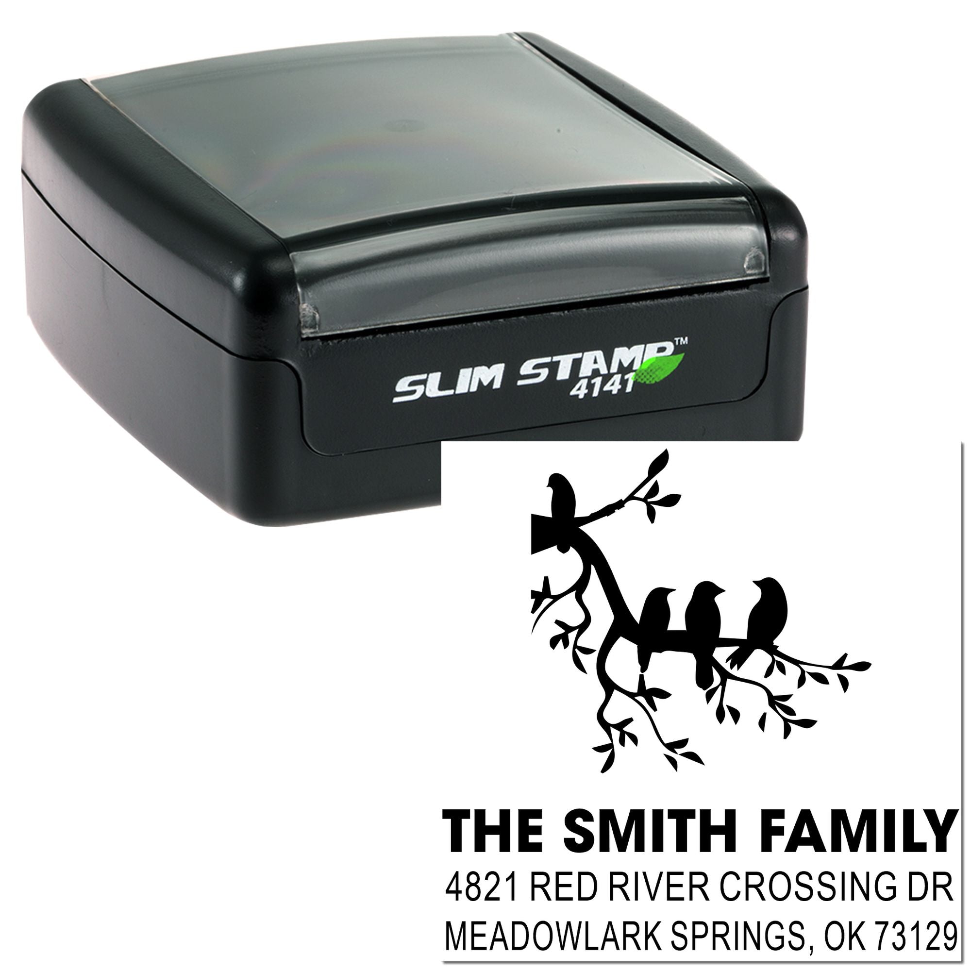 Custom self-inking Slim Stamp personalized address rubber stamp with family name, tree branch monogram, and return address layout for mail.