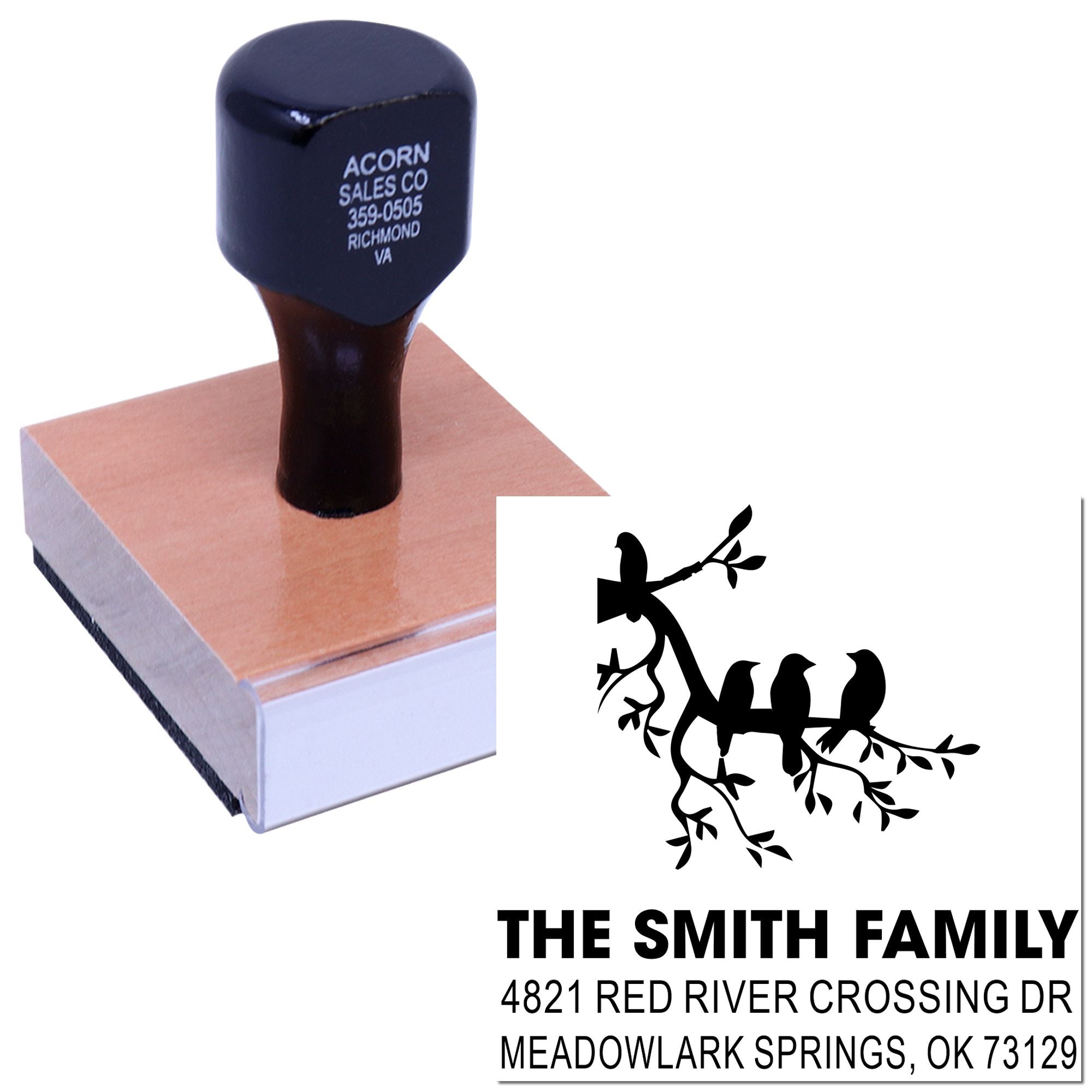 Custom address rubber stamp with family name and branch design, featuring return address for personal mailing, envelopes, and DIY stationery use