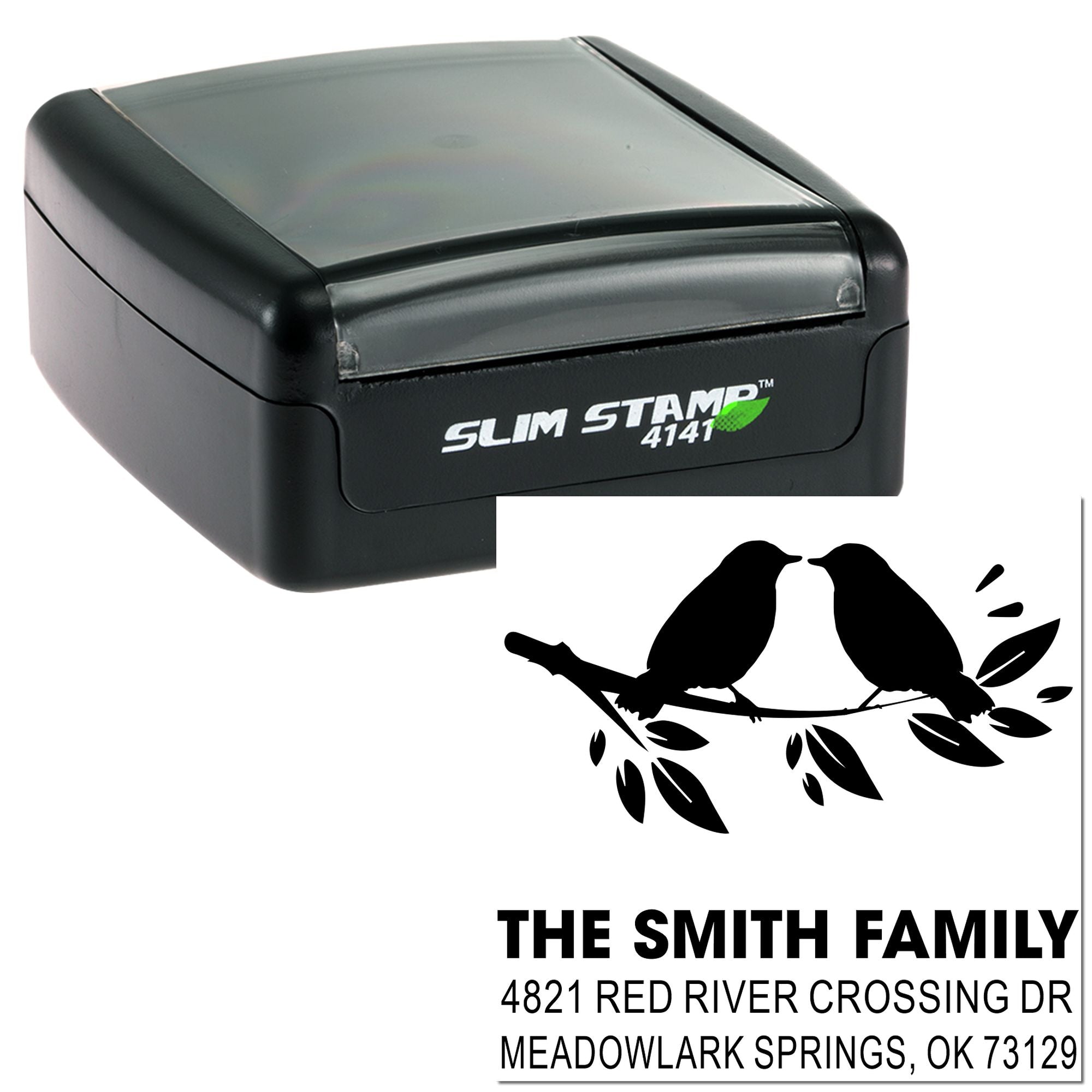 Custom self-inking Slim Stamp 4141 rubber stamp with bird branch design and personalized Smith family return address in black stamp case.